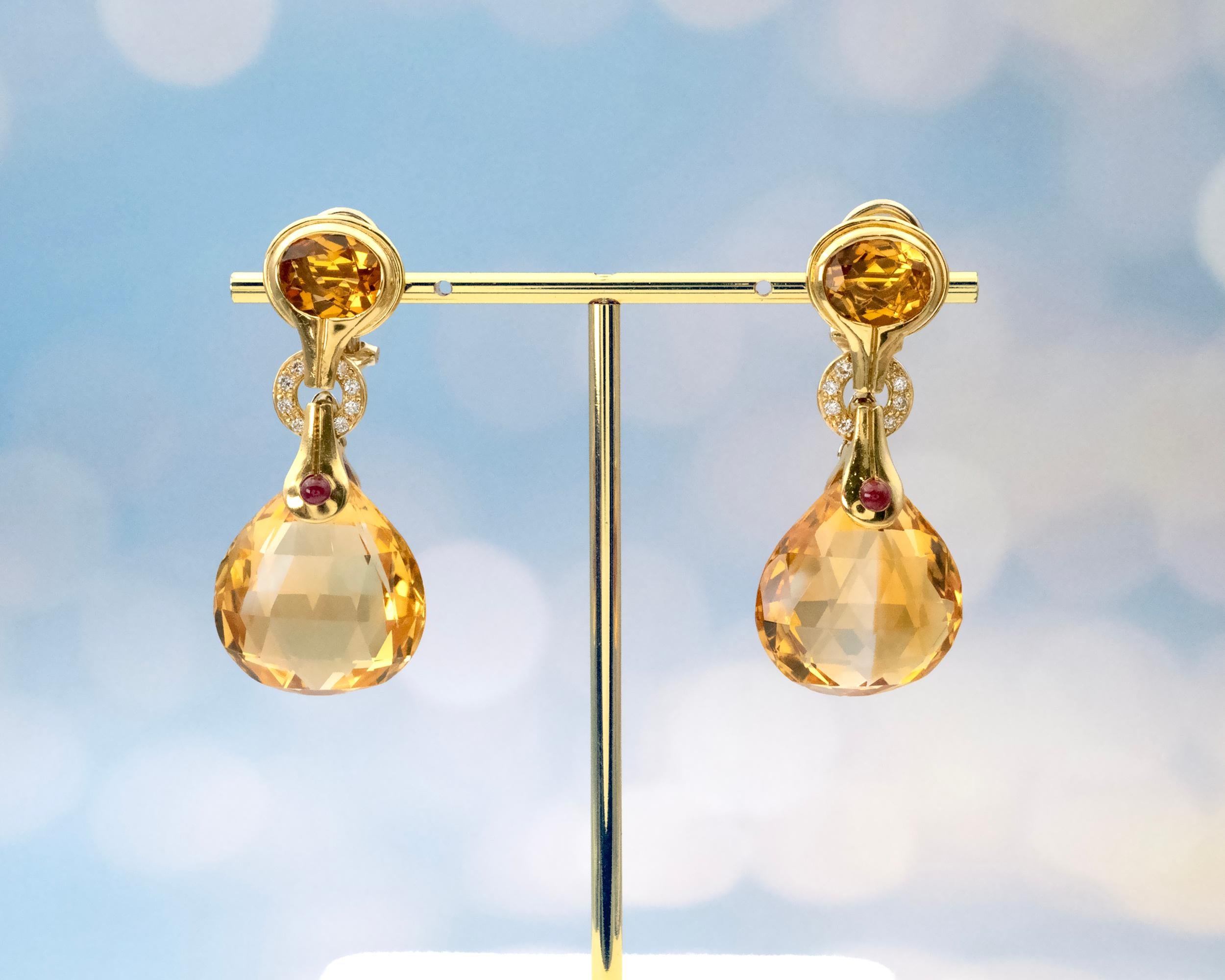 Women's or Men's Antonini Milano 18K Gold Citrine, Diamond & Ruby Drop Earrings – Madeira Collect For Sale