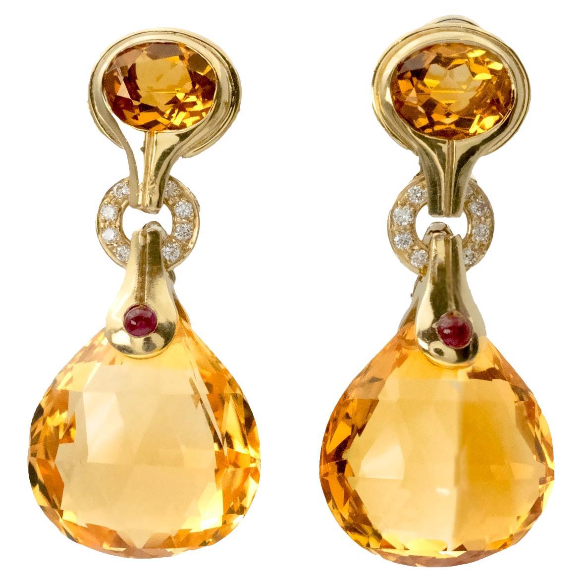 Antonini Milano 18K Gold Citrine, Diamond & Ruby Drop Earrings – Madeira Collect For Sale