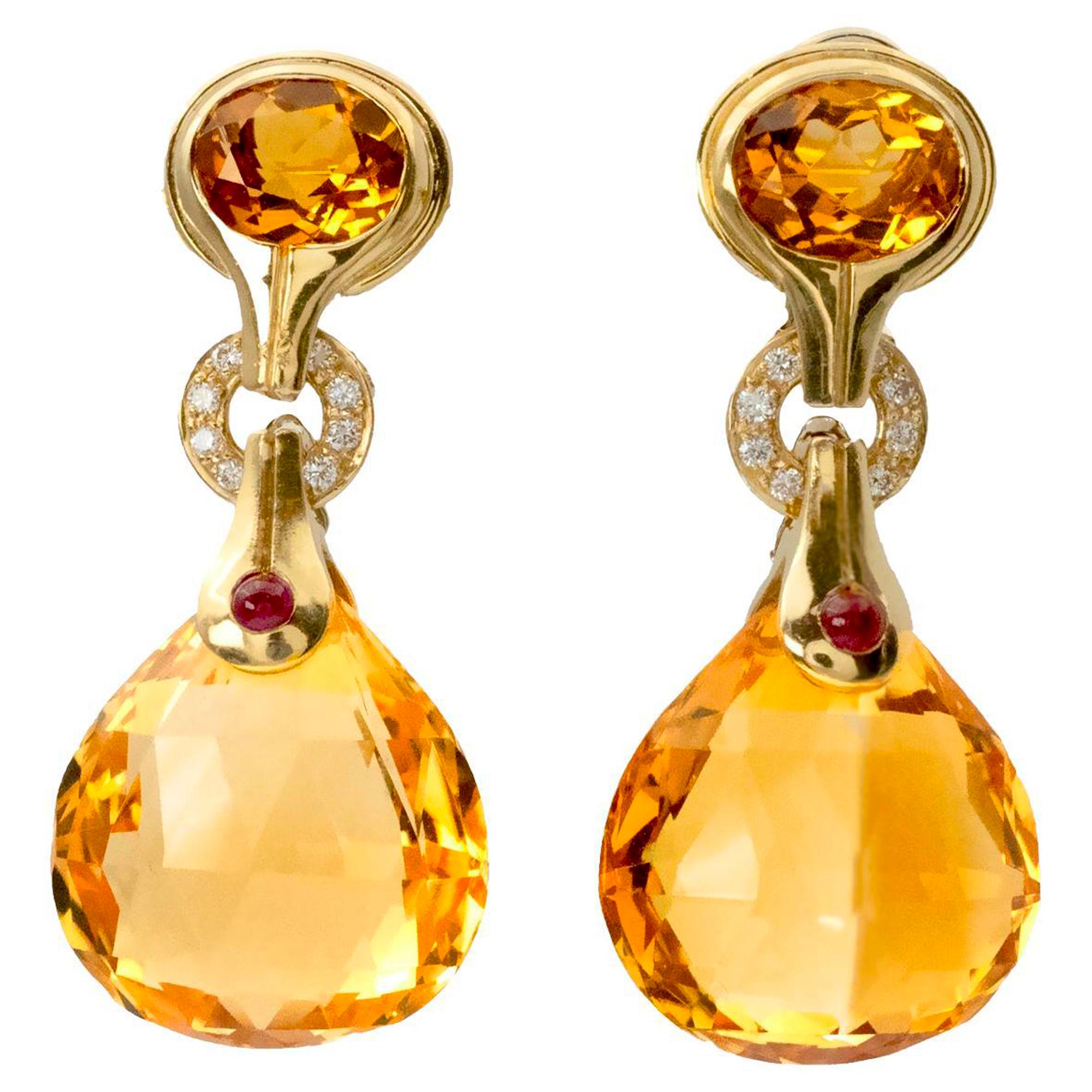 Antonini Milano 18K Gold Citrine, Diamond & Ruby Drop Earrings – Madeira Collect For Sale