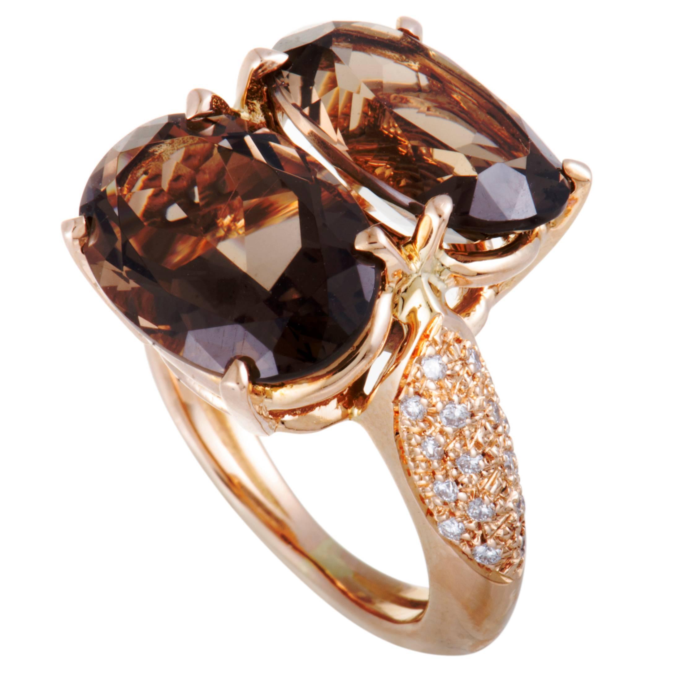 Antonini Panama Diamond and Double Smoky Topaz Rose Gold Ring