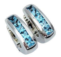 Antonini Square Blue Topaz Huggie Hoop Style Earrings Set in 18 Karat White Gold