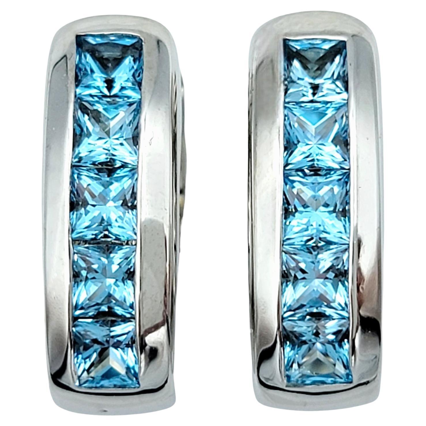 Antonini Square Blue Topaz Huggie Hoop Style Earrings Set in 18 Karat White Gold