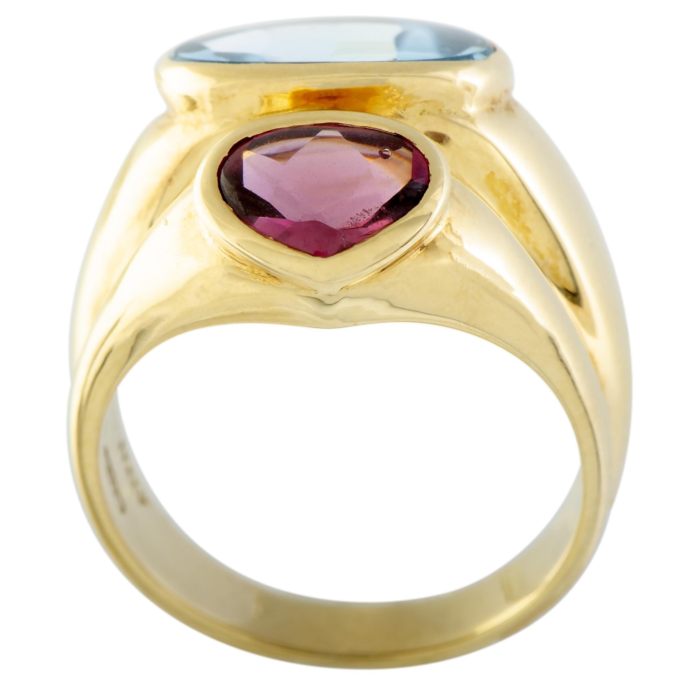Tastefully contrasting, vividly colorful, and charmingly alluring, the splendid topaz and fabulous pink tourmaline are intriguingly shaped and expertly set against the unblemished exuberance of 18K yellow gold in this marvelous ring from