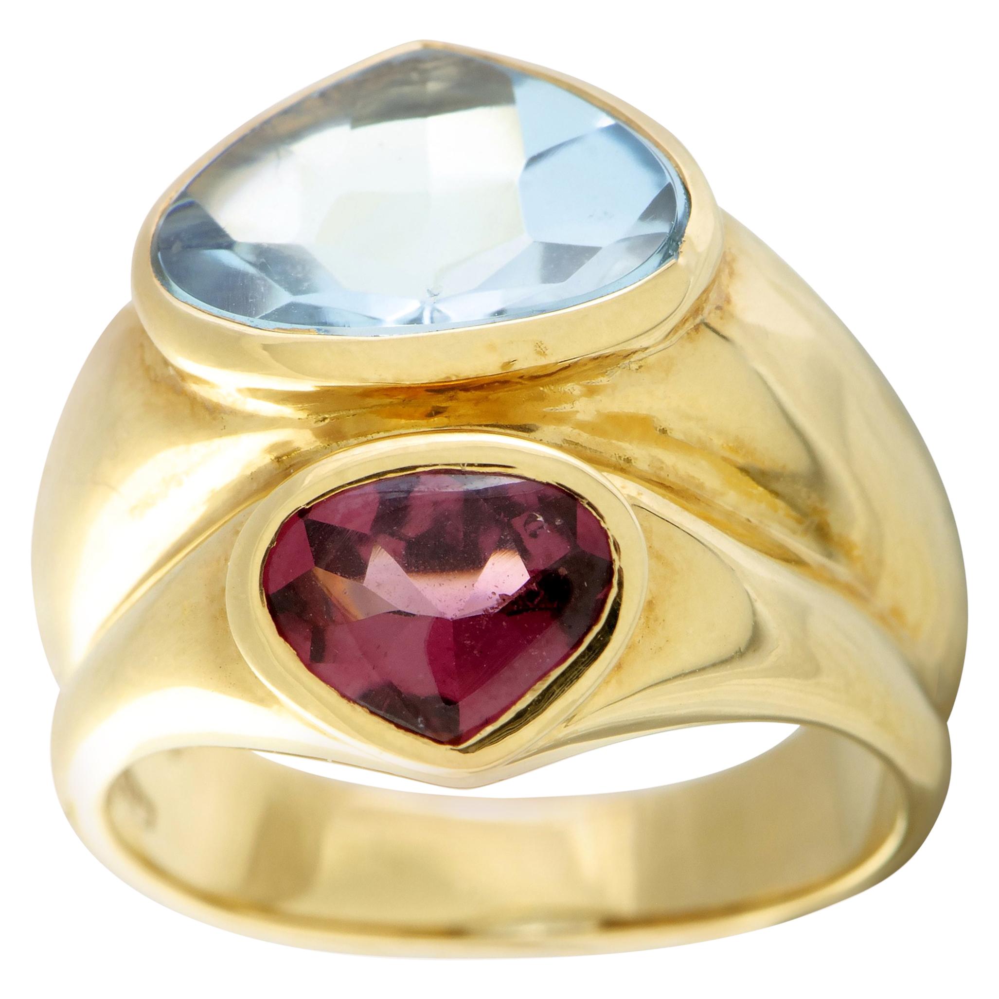 Antonini Topaz and Pink Tourmaline 2-Heart Double Yellow Gold Ring