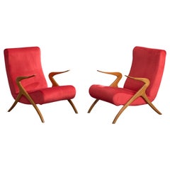 Antonino Gorgone, Lounge-Stühle, Holz, Samt, Italien, 1950er Jahre