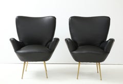 Antonino Gorgone Modernist Brass and Leather Lounge Chairs