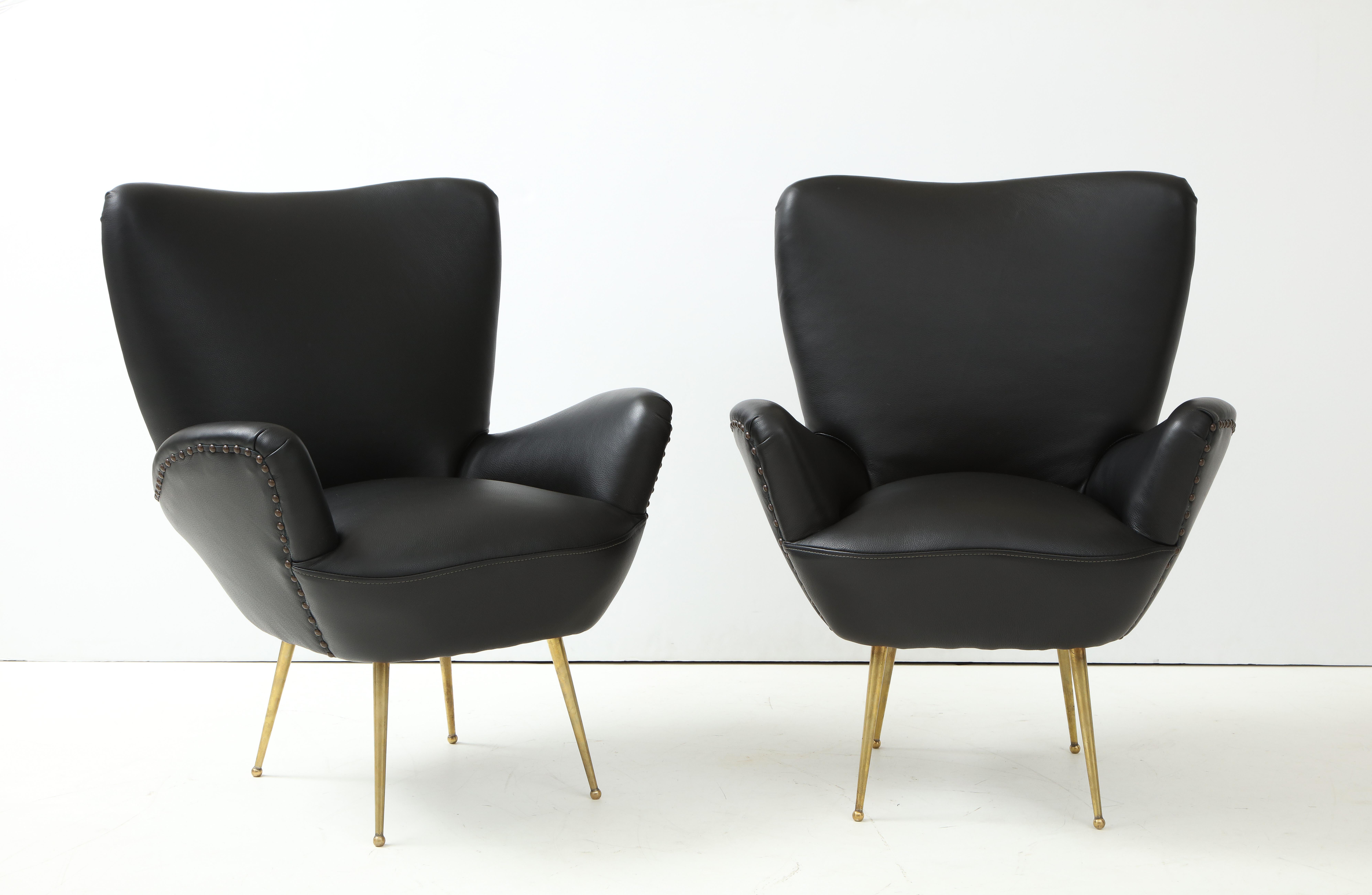 Mid-Century Modern Antonino Gorgone Modernist Brass and Leather Lounge Chairs