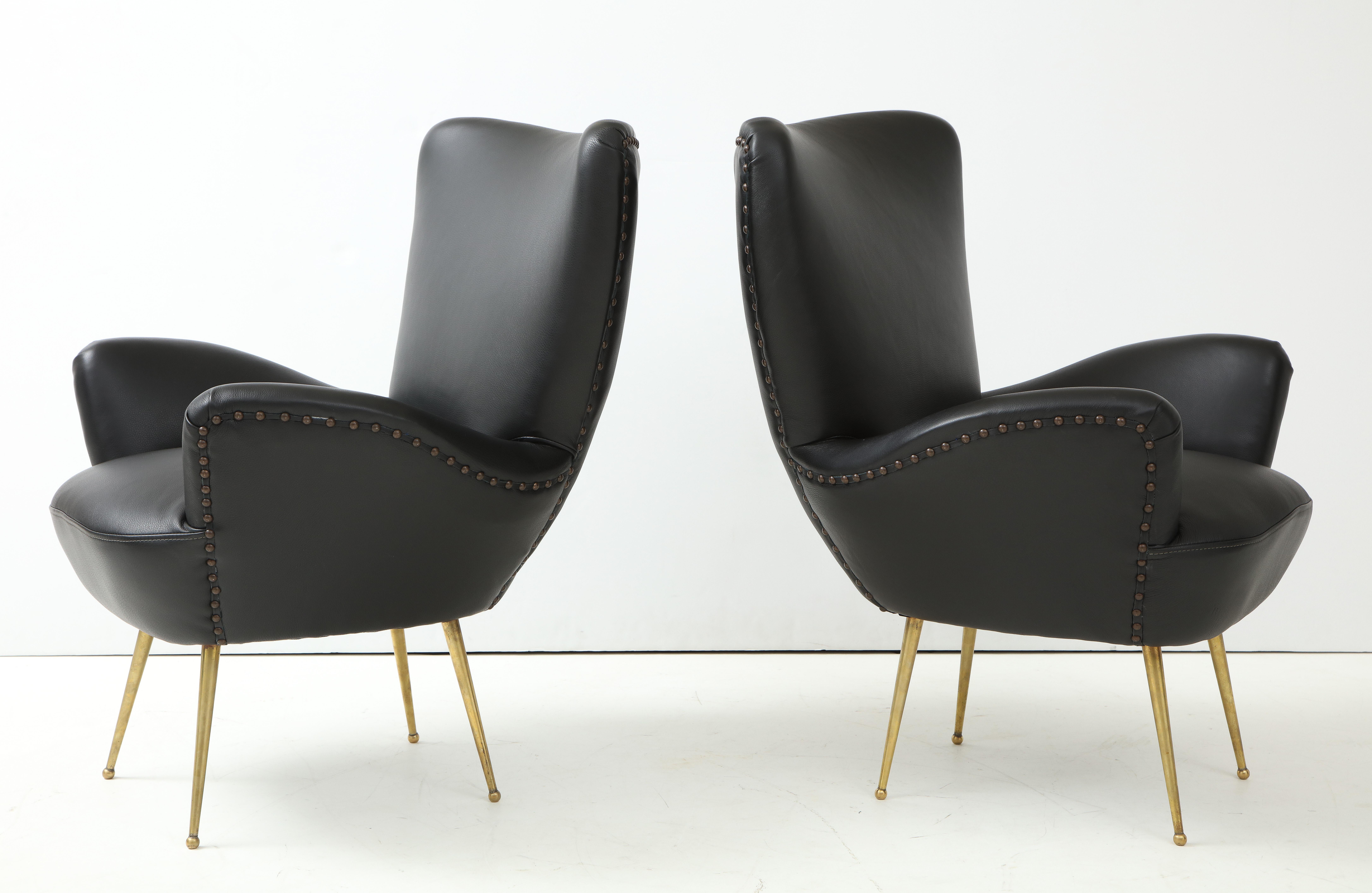 Italian Antonino Gorgone Modernist Brass and Leather Lounge Chairs