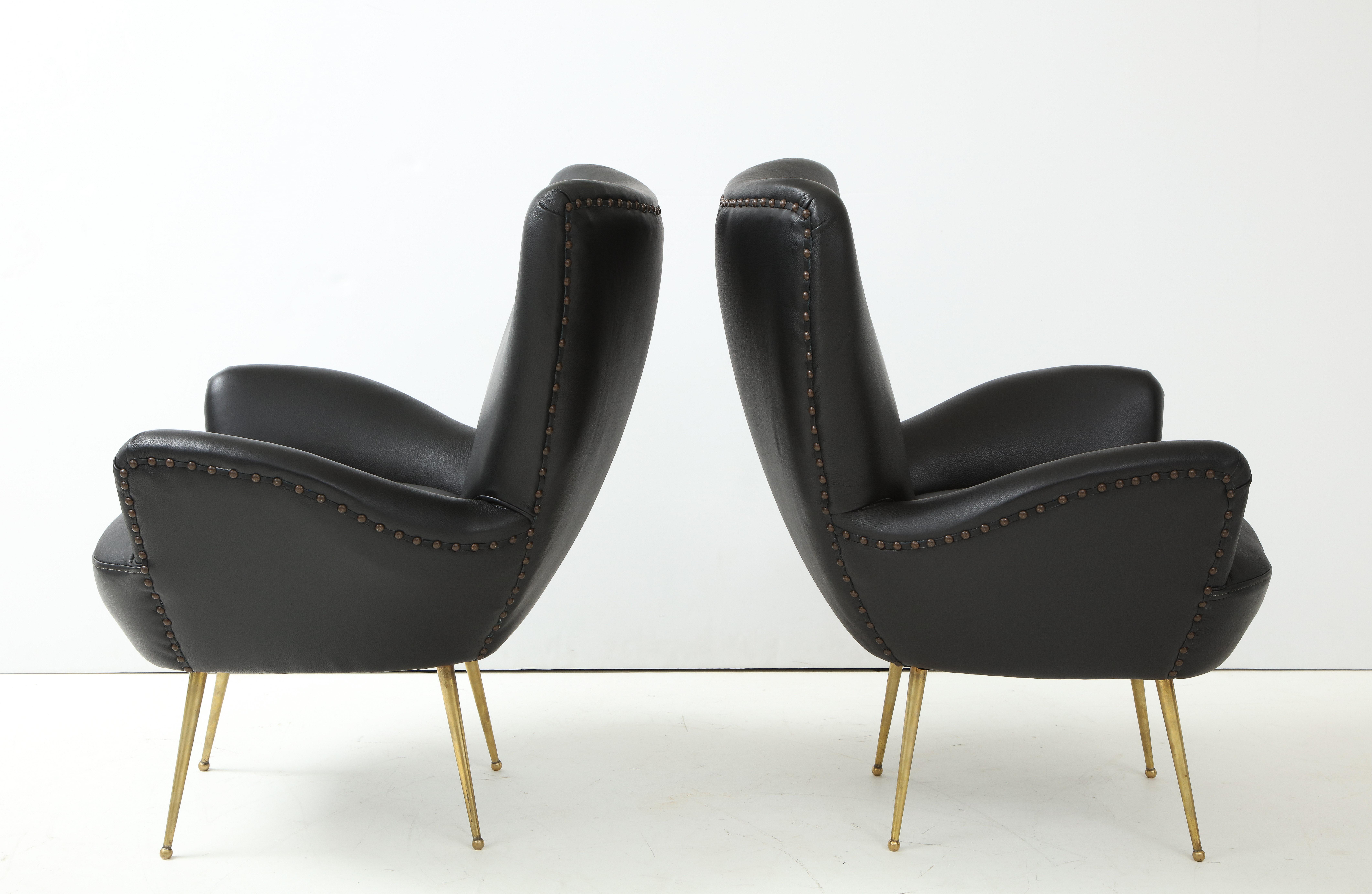 Mid-20th Century Antonino Gorgone Modernist Brass and Leather Lounge Chairs