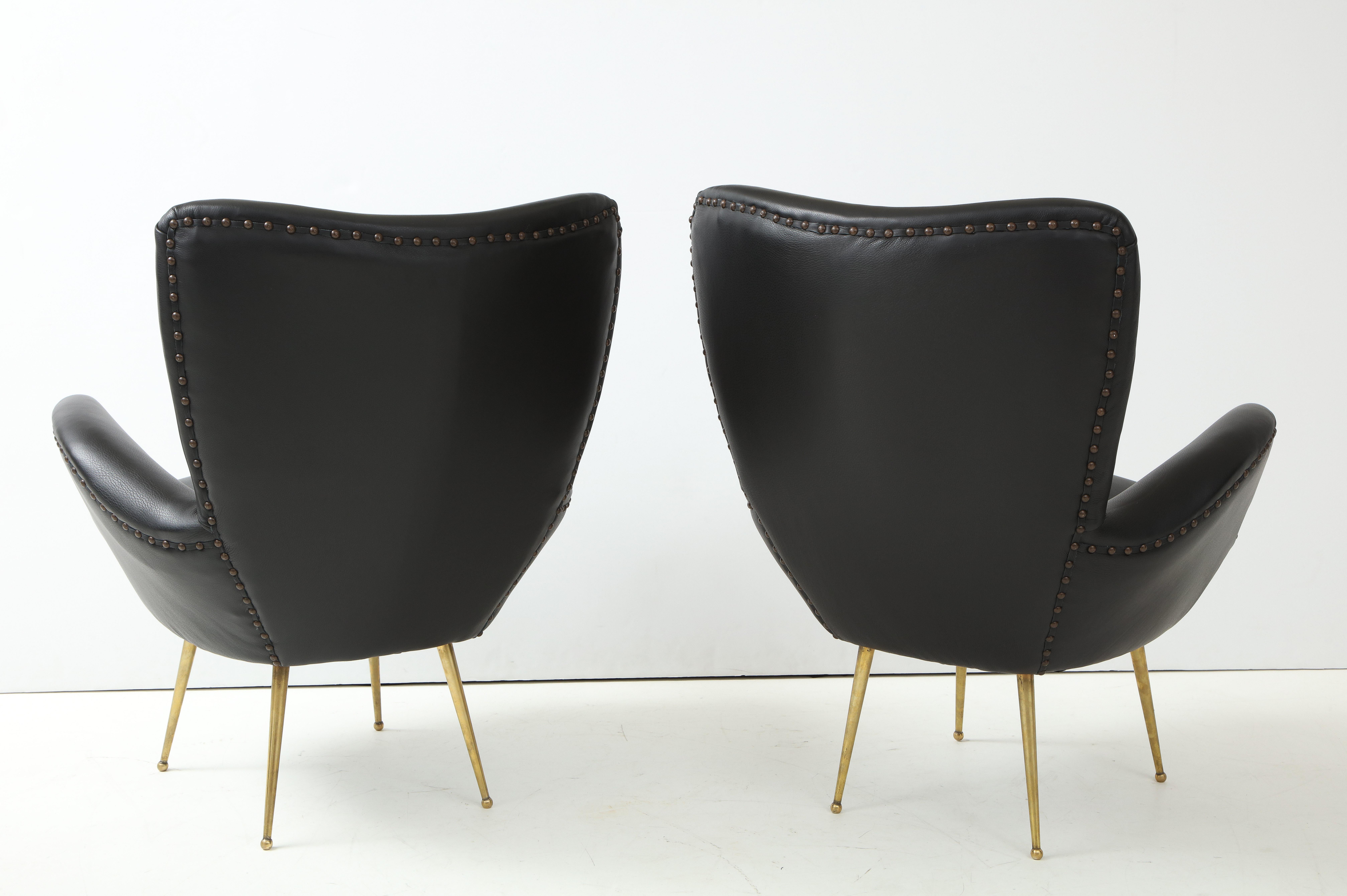 Antonino Gorgone Modernist Brass and Leather Lounge Chairs 1