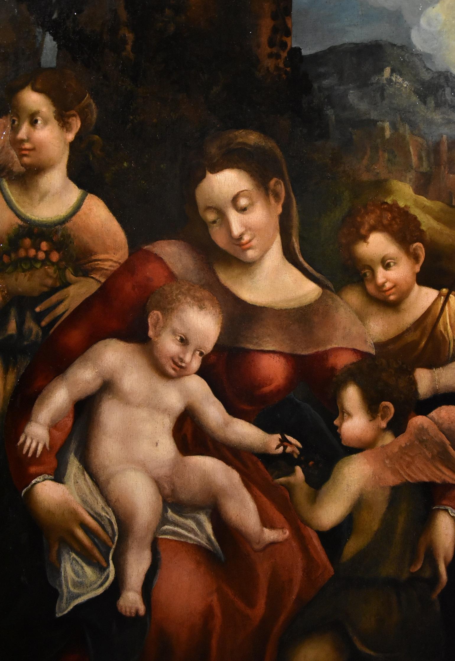 Schule von Antonio Allegri, bekannt als Correggio (Correggio ca. 1489 - 1534)
Zuschreibung an Pomponio Allegri (Correggio, 1522 - Parma, 1593)
Madonna mit Kind, zwei Engeln und Johannes dem Täufer

Öl auf Holzplatte, cm. 92 x 69, mit Rahmen cm. 119