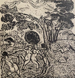 Antique The Bathers, Woodcut on paper, Signed and dated 1912, Italian Artist