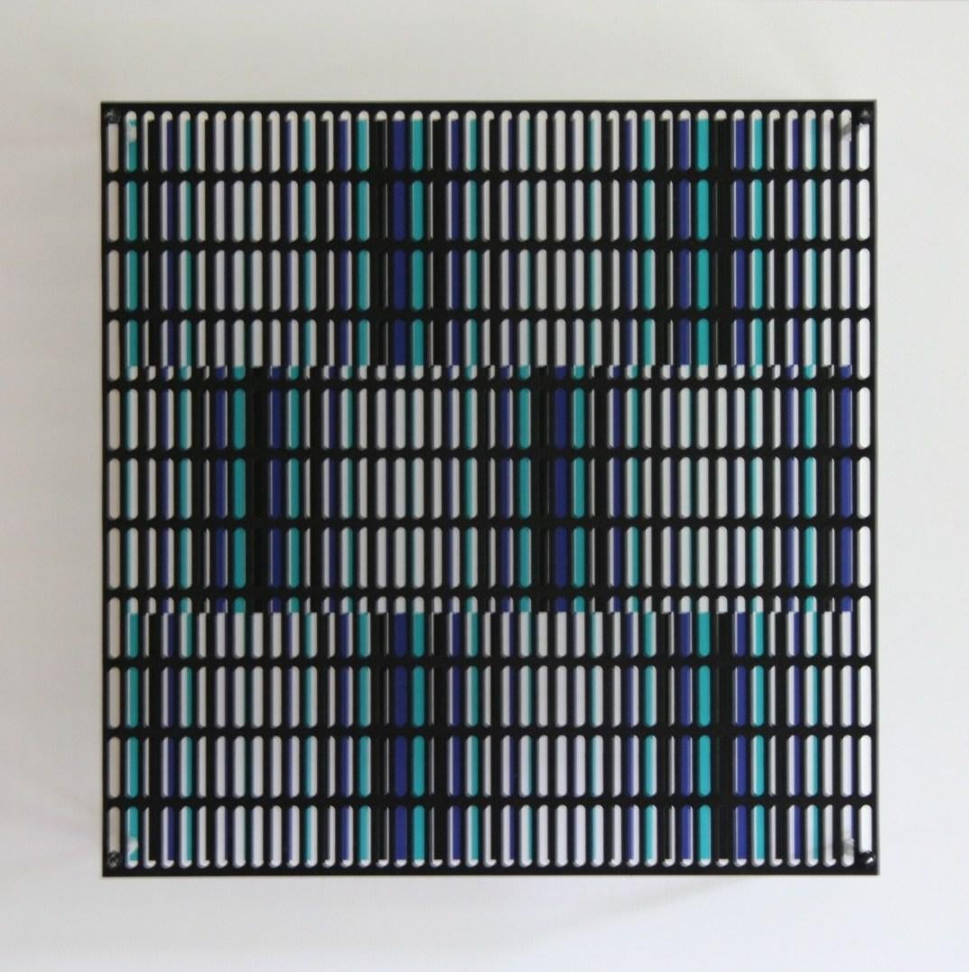 Antonio Asis Abstract Sculpture - Vibration bandes noir, bleu et turquoise