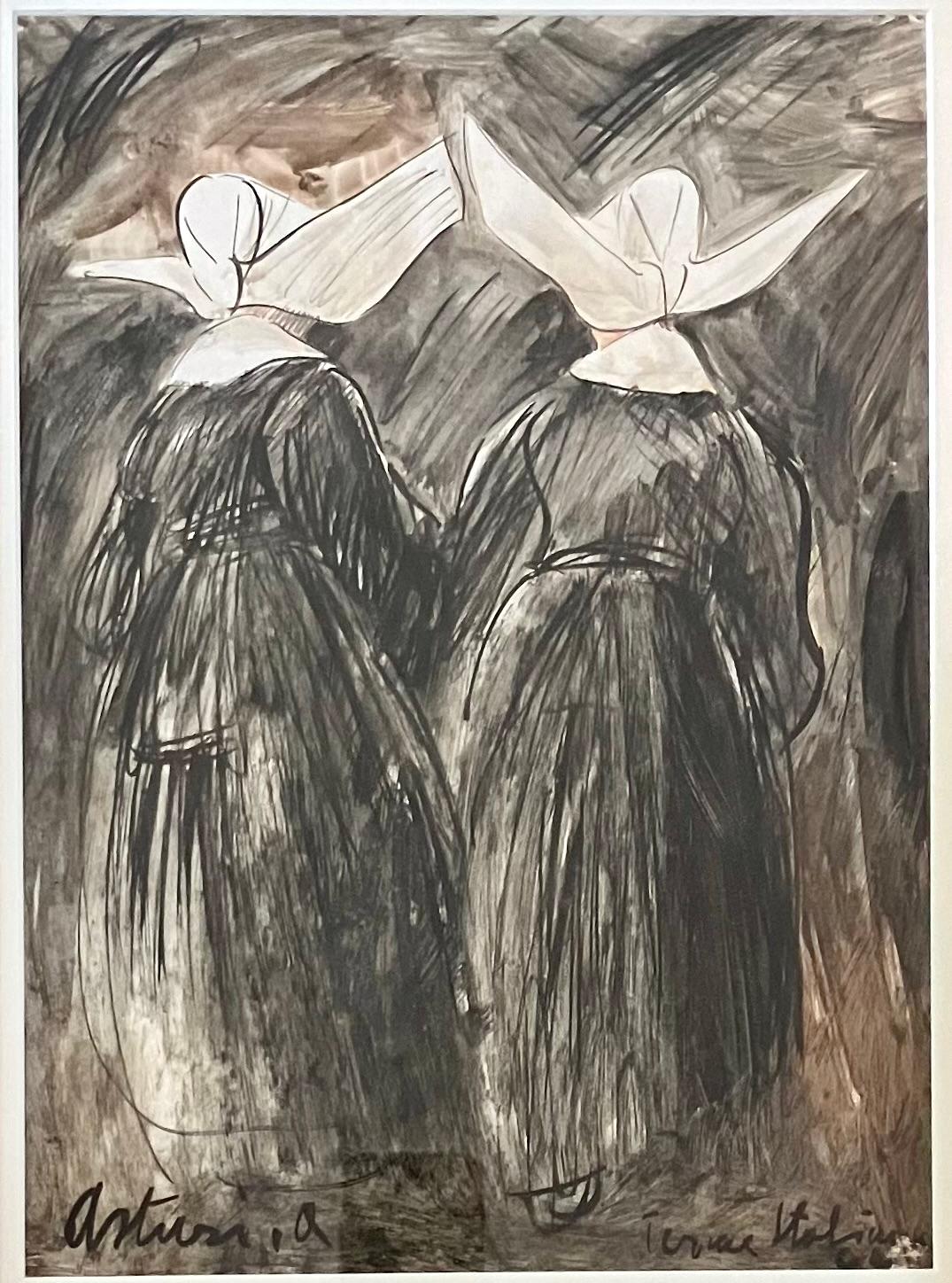 Antonio Asturi (1904-1996). Nuns. Vintage Asturi rendering in charcoal and gouache on paper of two nuns in habit from behind in vintage cream and gold bead frame. Italy, Mid-20th Century

Dimensions: 14.25