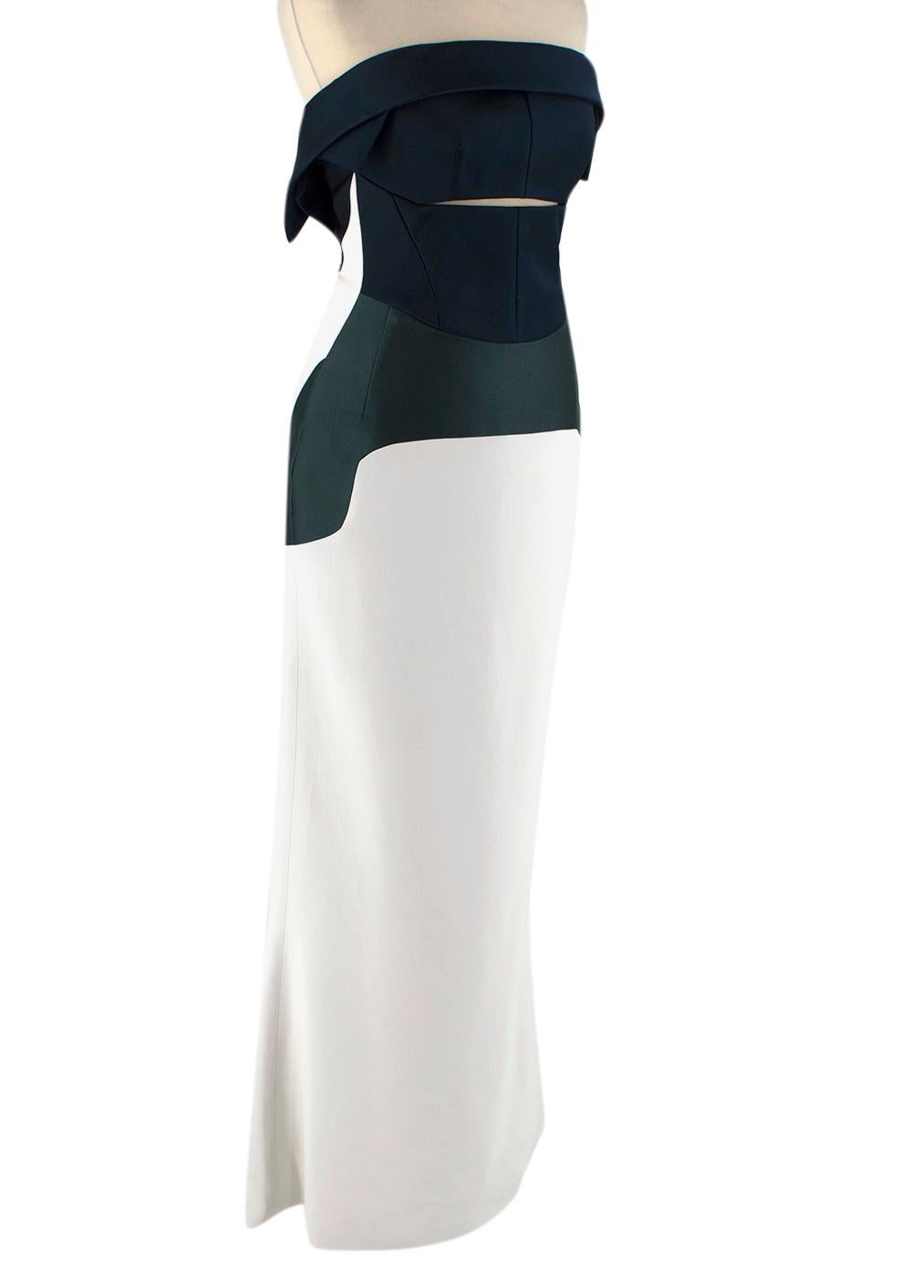 Antonio Berardi Colourblock Strapless Fitted Gown

- Fitted silhouette
- Navy and dark green panelling around the chest and waist
- Concealed zip closure at the back
- Cut-out detail on the chest
- Fully lined

Materials:
The item does not include a