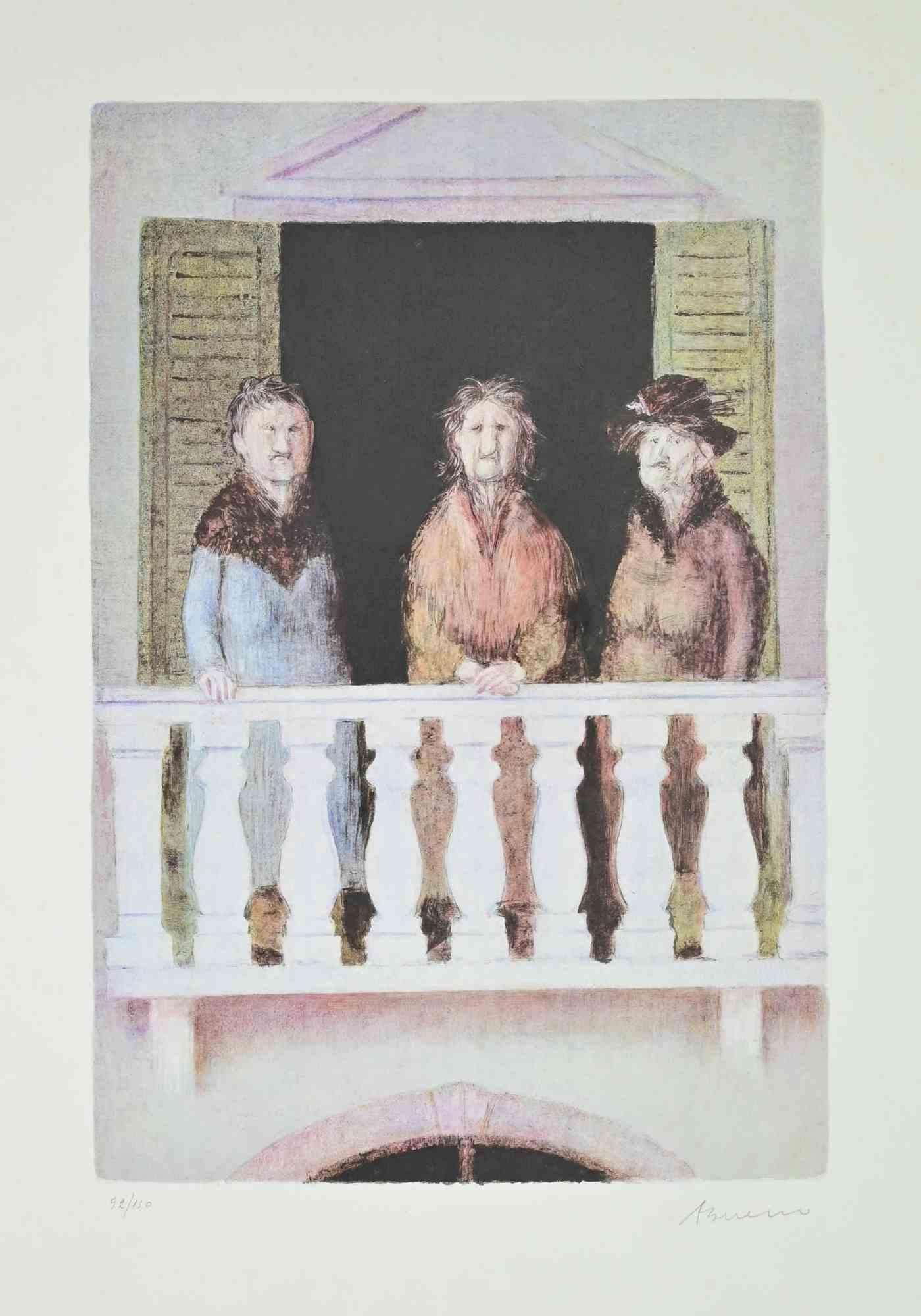 Old Sisters at the Balcony - Lithograph by Antonio Bueno - 1990s For Sale 1