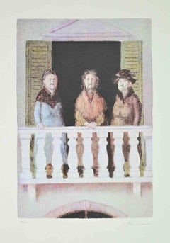 Vieilles sœurs au balcon - Lithographie d'Antonio Bueno - années 1990