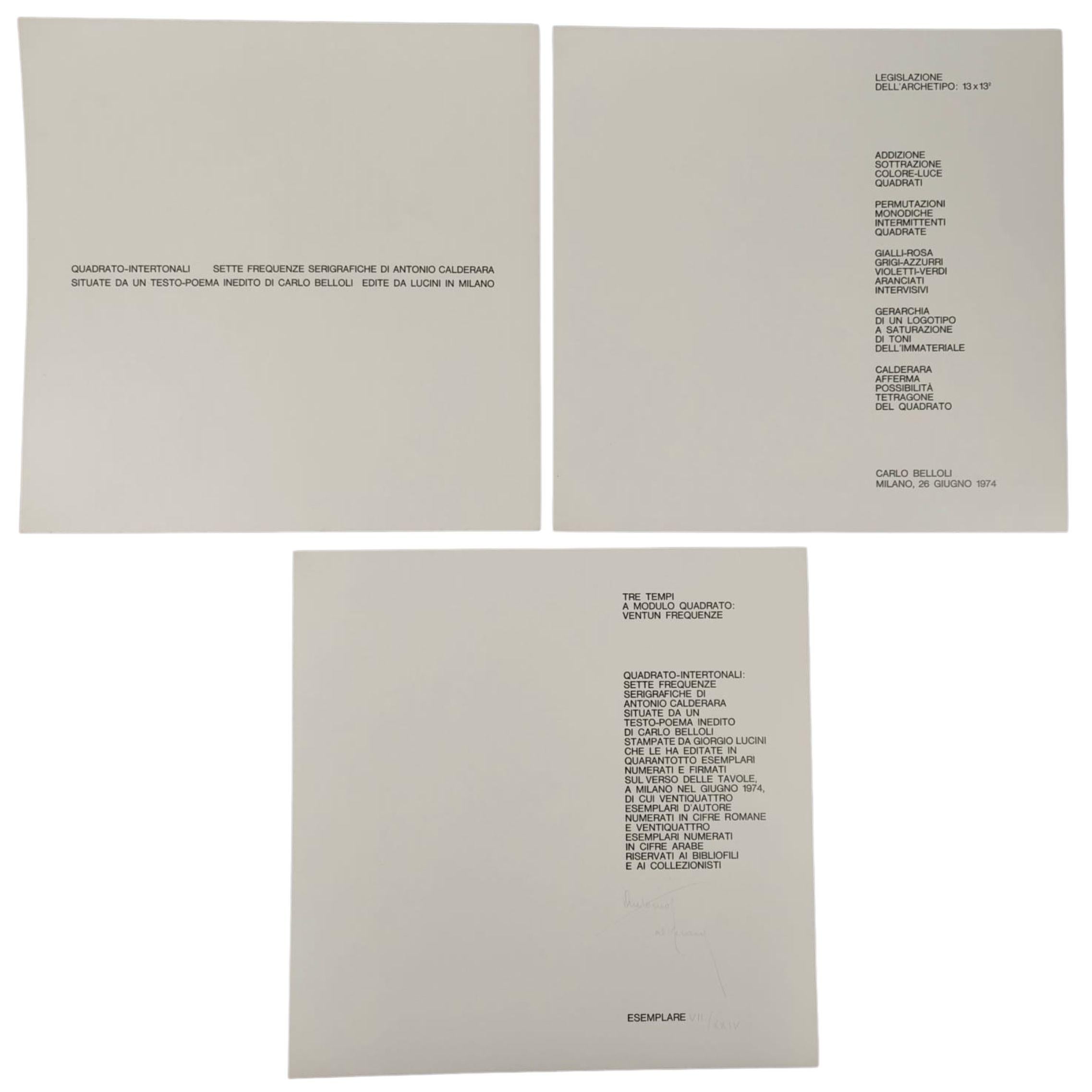 L’opera raccoglie tre fascicoli, con titolo impresso sulla copertina, riuniti in una custodia nera. Al suo interno si trovano sette serigrafie originali di Antonio Calderara, accompagnate da un testo inedito di Carlo Belloli e pubblicate da Lucini a