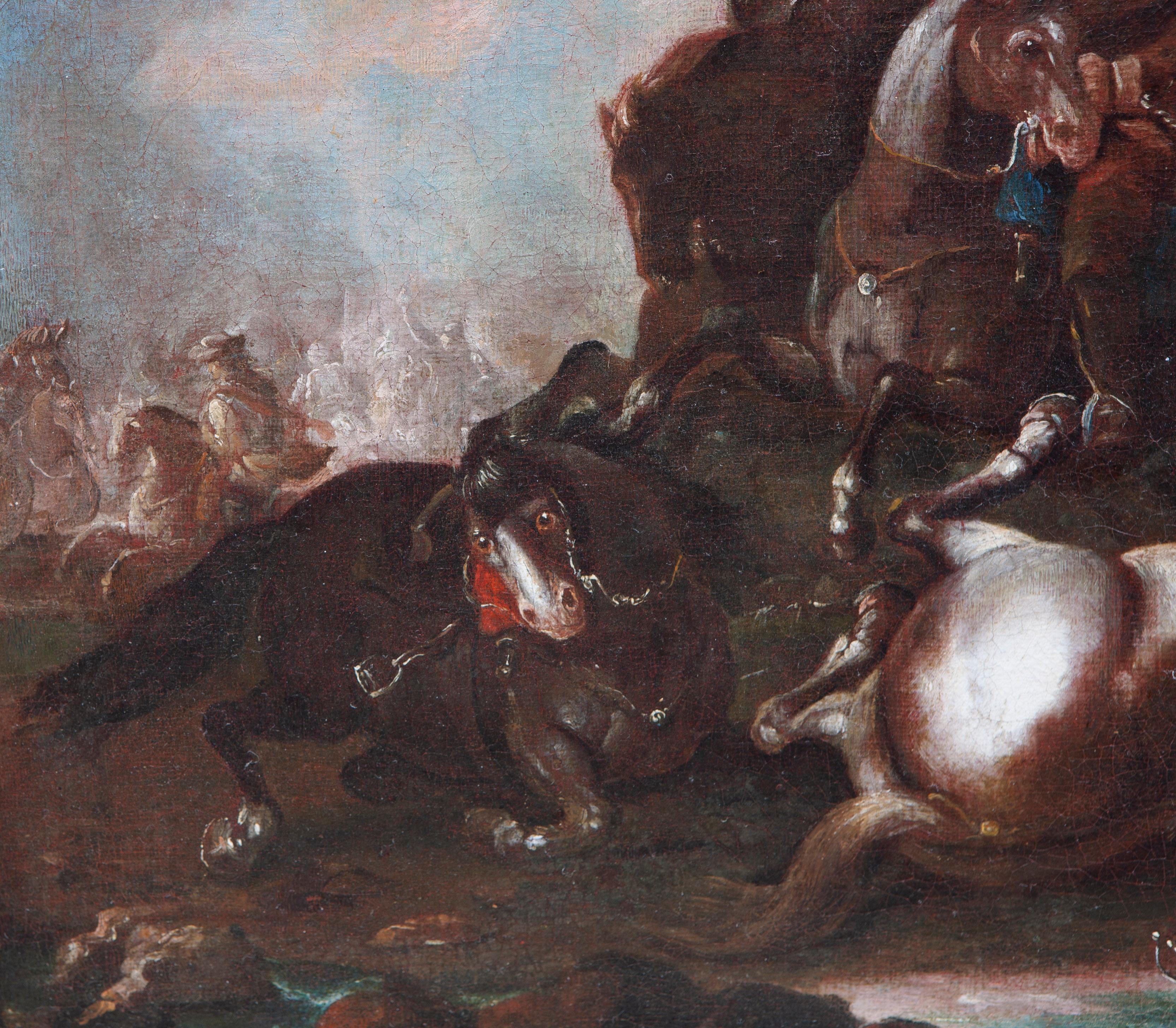 Antonio Calza (1653-1725)
Kampfszene (Scena di Battaglia)

Olio su tela in cornice dorata
Dimensioni: 45x60 cm (68,5 x 84,5 cm inklusa la cornice)
Fine del XVII secolo

Nacque nel 1653 a Verona da padre orefice. Appassionatosi alla pittura, non