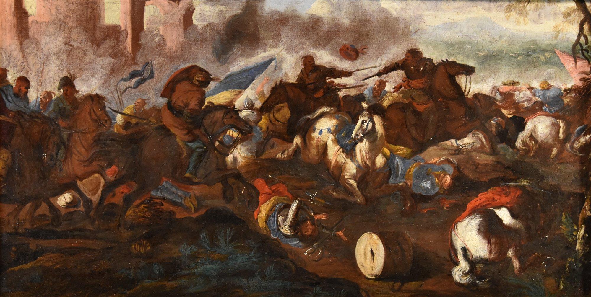 Battle Cavalry Landscape Calza Paint 17/18th Century Oil on canvas Old master For Sale 8