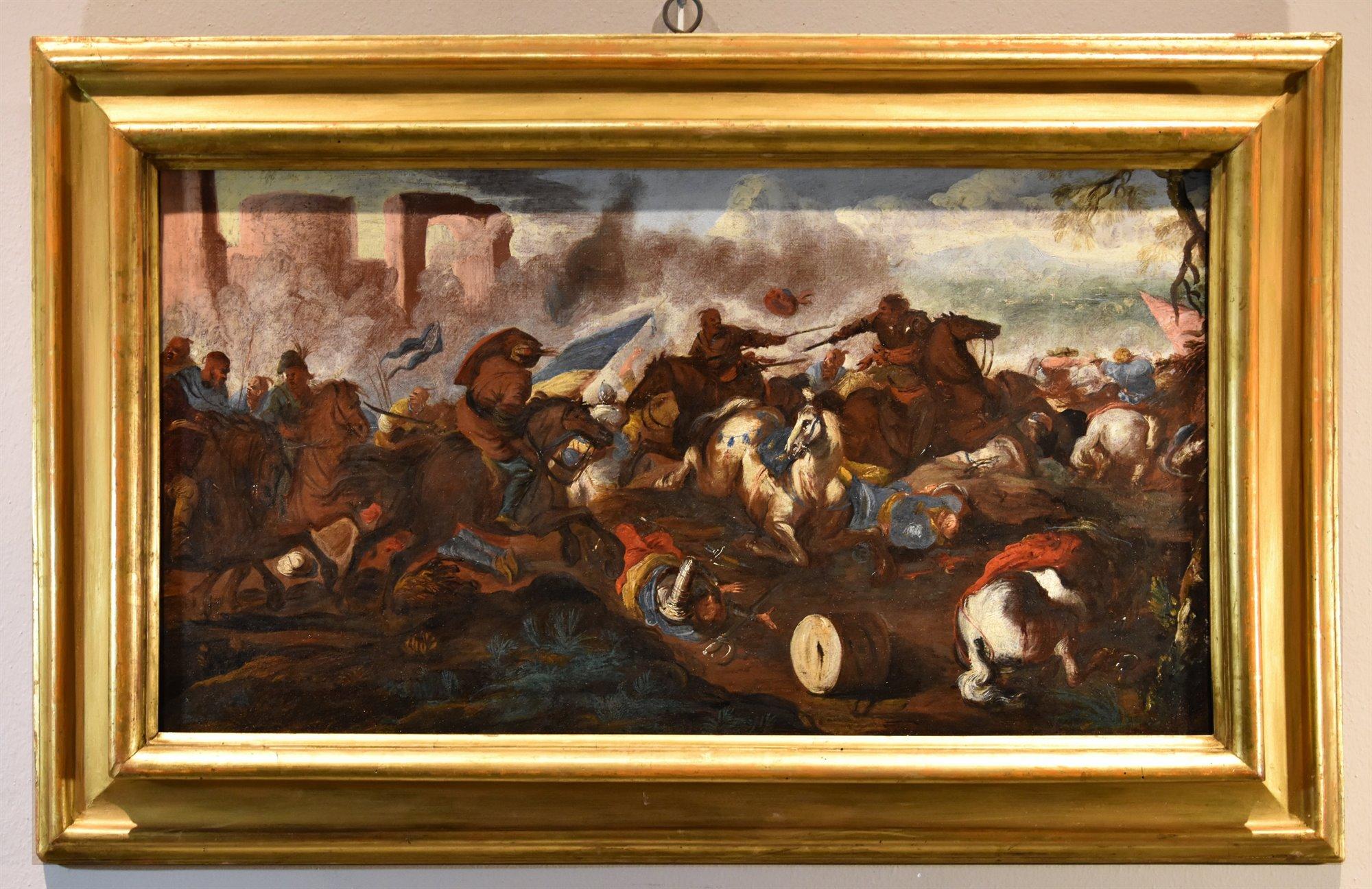 Battle Cavalry Landscape Calza Paint 17/18th Century Oil on canvas Old master - Old Masters Painting by Antonio Calza (Verona, 1653 – Verona 1725)  
