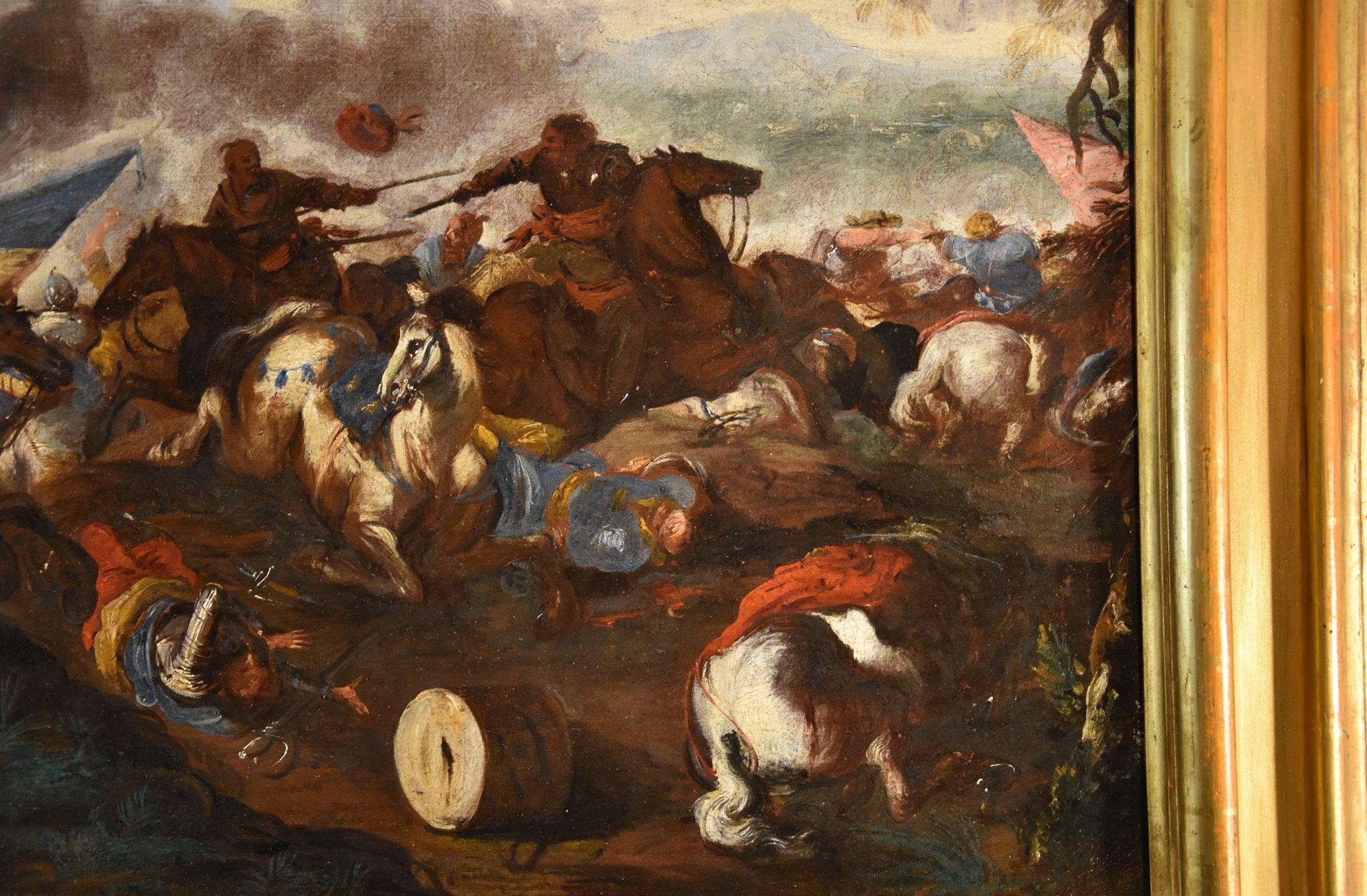 Antonio Calza (Verona, 1653 – Verona 1725)  

Battle between Christian and Turkish cavalry  

Oil on canvas  47 x 85 cm In frame 66 x 105 cm  

Here we see a fierce battle between Christian and Turkish cavalry characterised by remarkable dynamism
