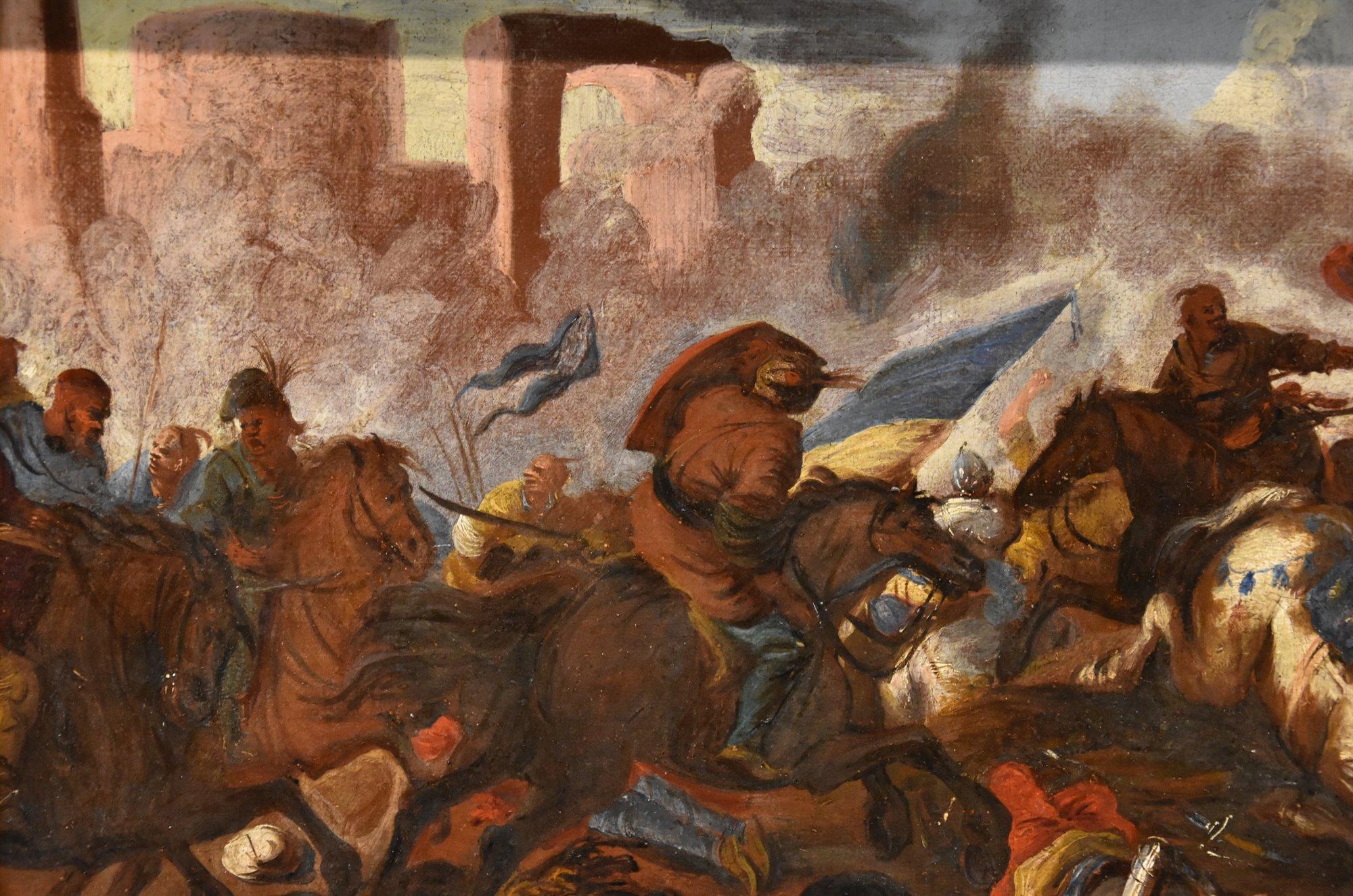 Battle Cavalry Landscape Calza Paint 17/18th Century Oil on canvas Old master For Sale 1