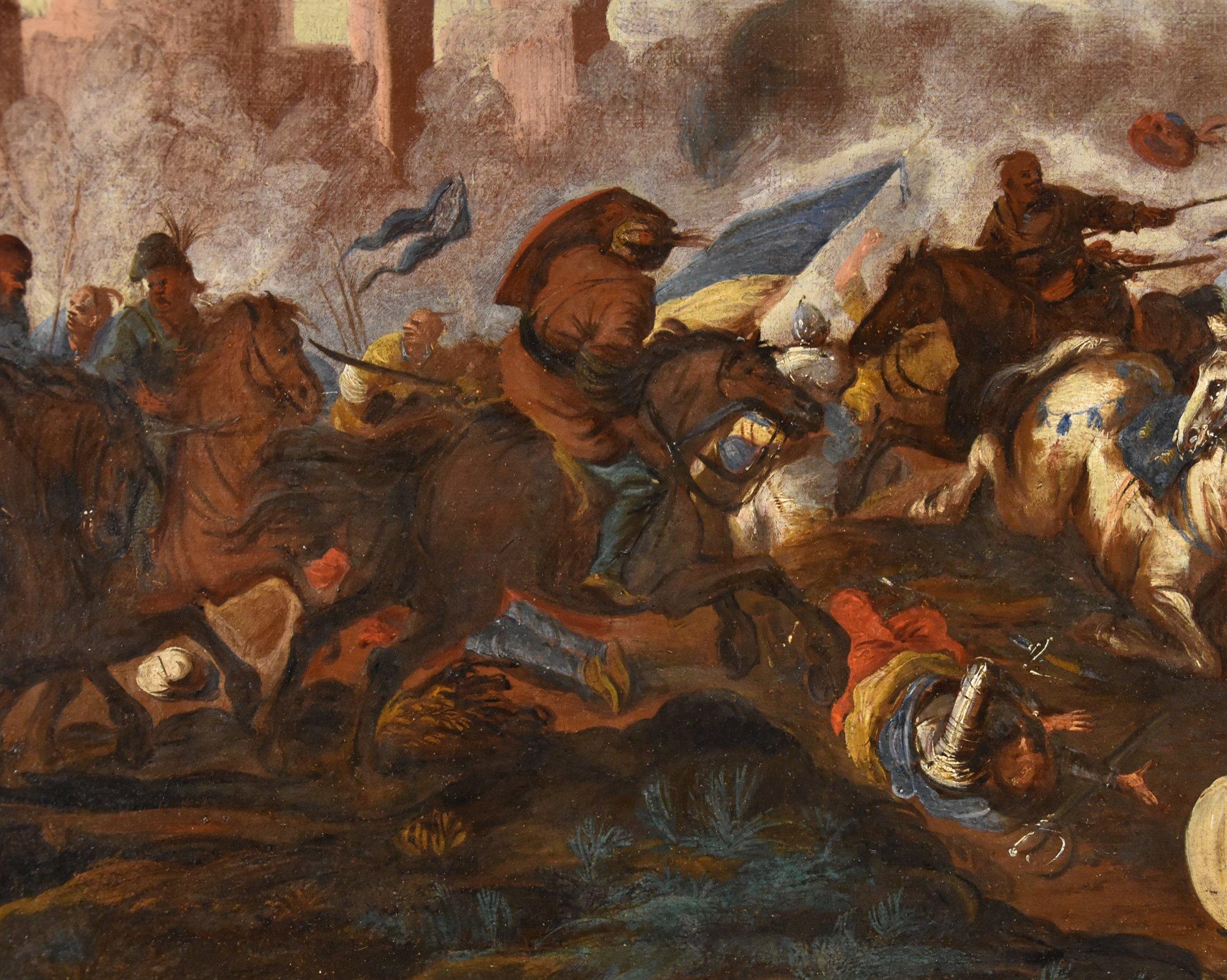 Battle Cavalry Landscape Calza Paint 17/18th Century Oil on canvas Old master For Sale 6