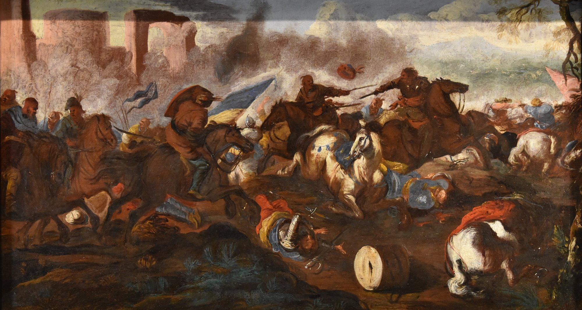 Battle Cavalry Landscape Calza Paint 17/18th Century Oil on canvas Old master - Painting by Antonio Calza (Verona, 1653 – Verona 1725)  