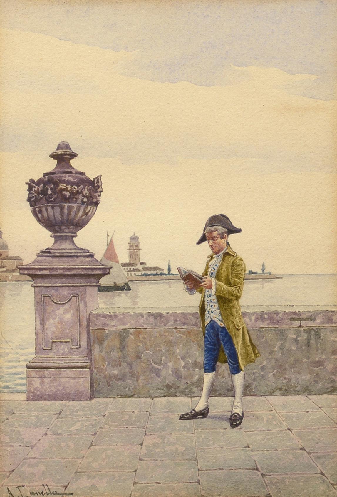 Antonio Canella Landscape Painting – ""Ein guter Leseabend, Venedig", Aquarell, 19. Jahrhundert Realistischer Realismus, klein, reich detailliert