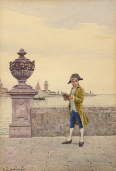 "A Good Read, Venice," Watercolor, 19th c. Realist, Small, Richly Detailed