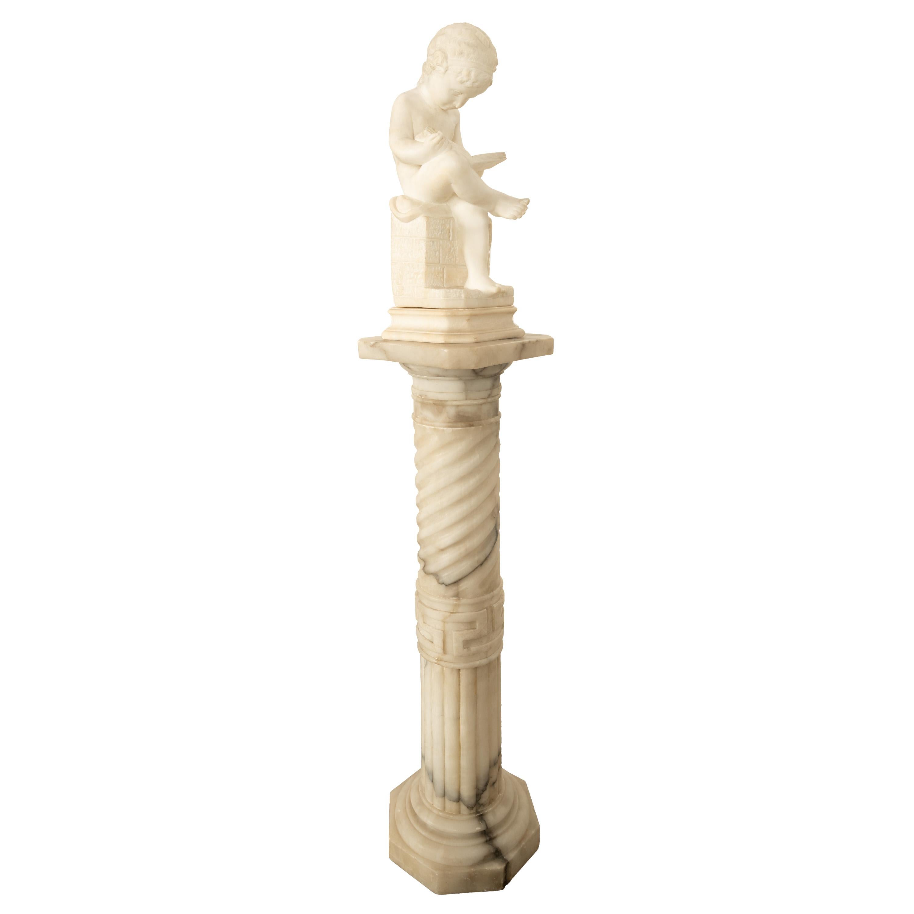 Antico Grand Tour italiano Scultura in marmo Statua piedistallo Putto Bambino lettura 5