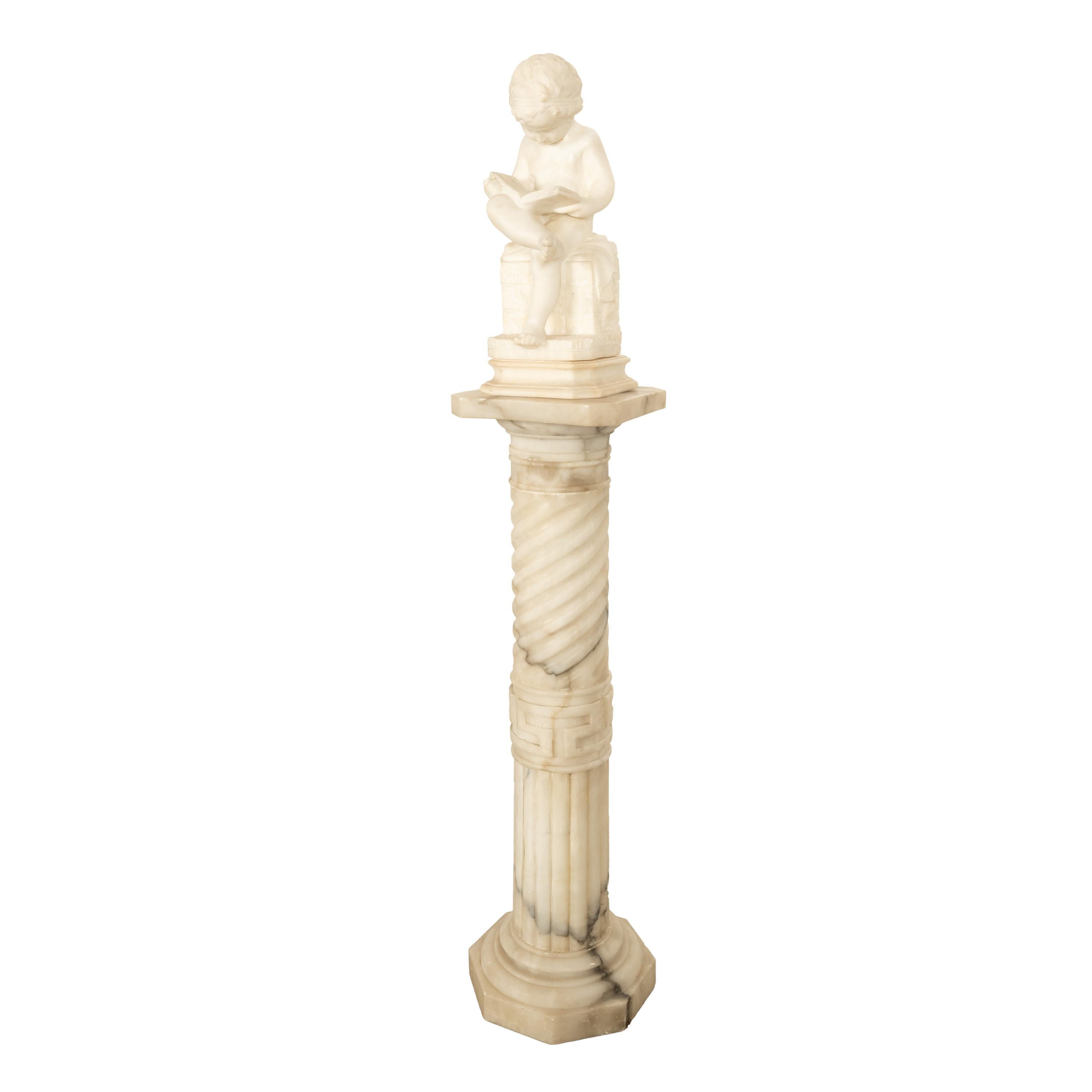Antico Grand Tour italiano Scultura in marmo Statua piedistallo Putto Bambino lettura 6