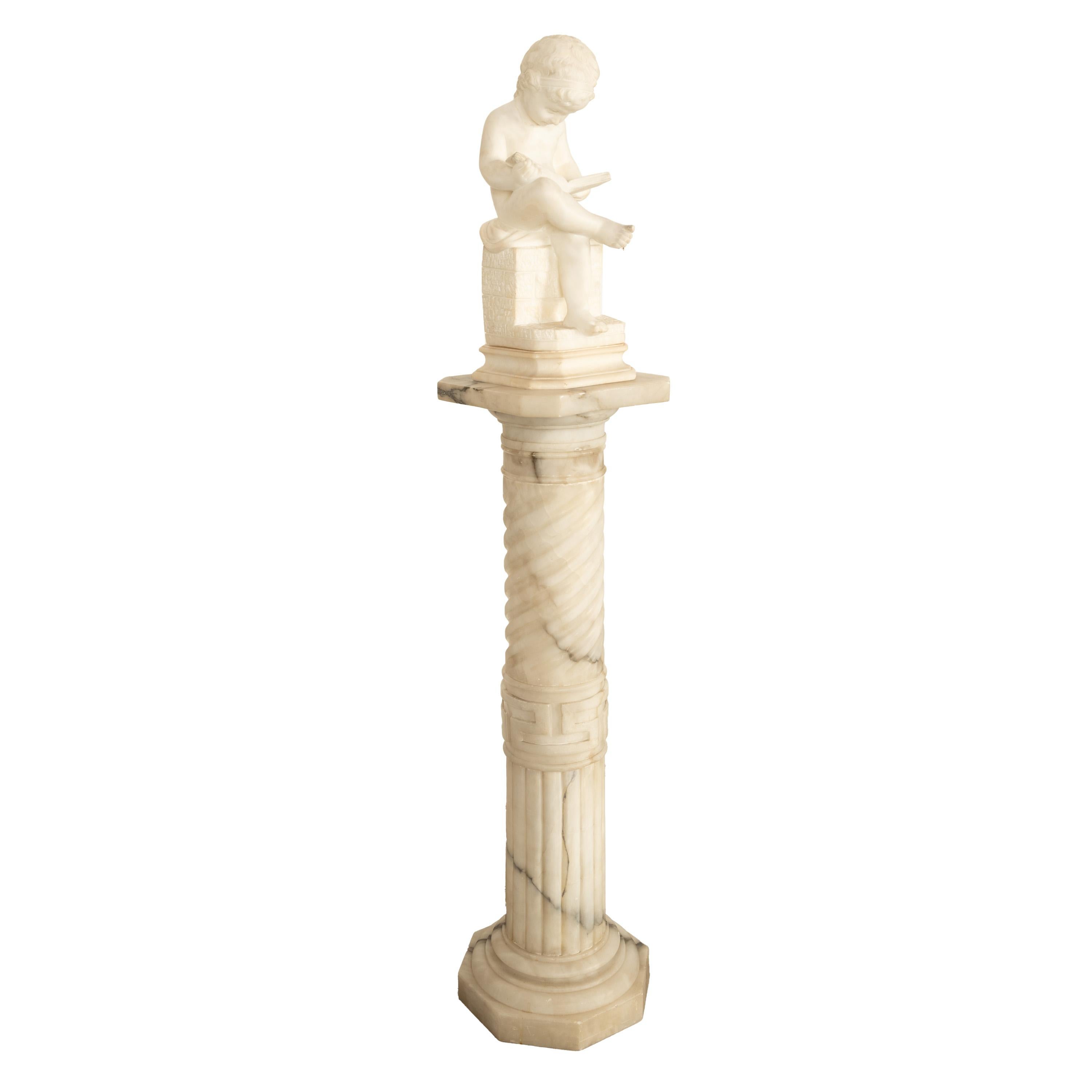 Antico Grand Tour italiano Scultura in marmo Statua piedistallo Putto Bambino lettura 7