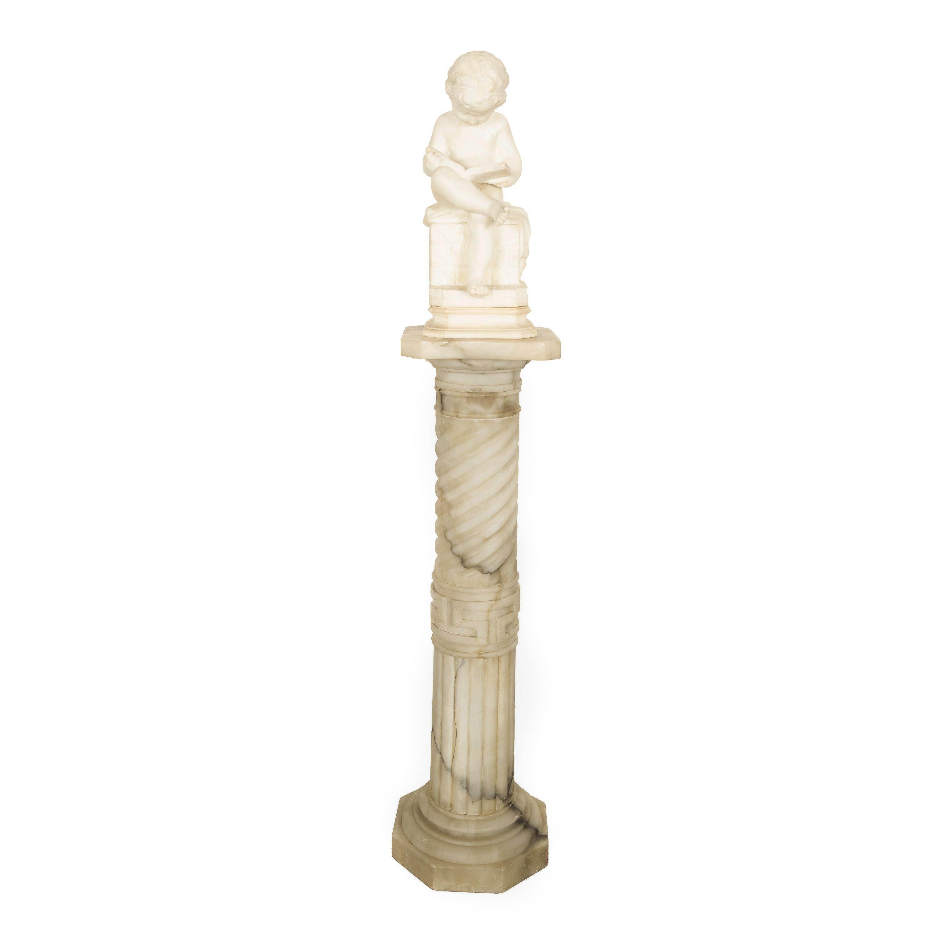 Antico Grand Tour italiano Scultura in marmo Statua piedistallo Putto Bambino lettura 8