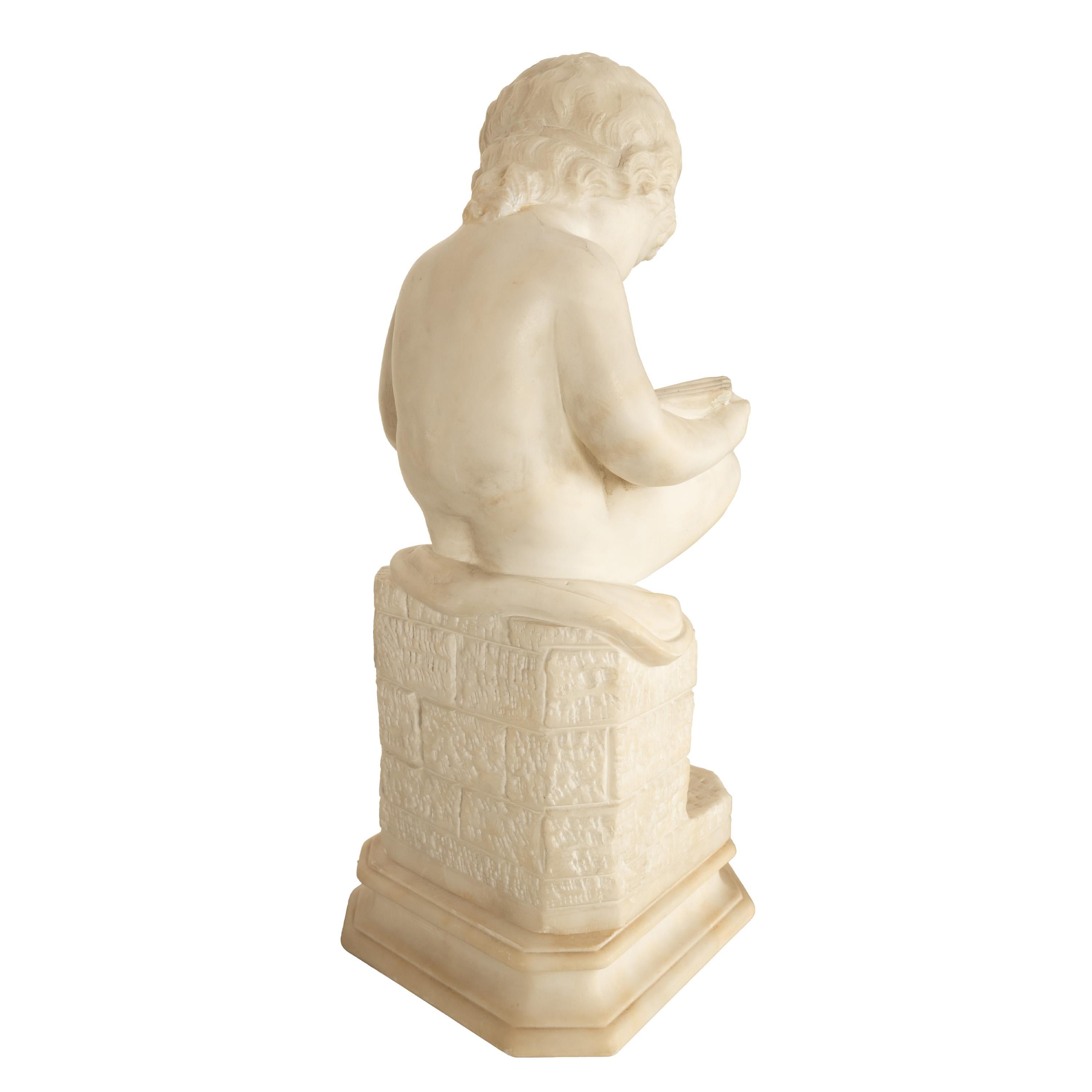 Antico Grand Tour italiano Scultura in marmo Statua piedistallo Putto Bambino lettura 3