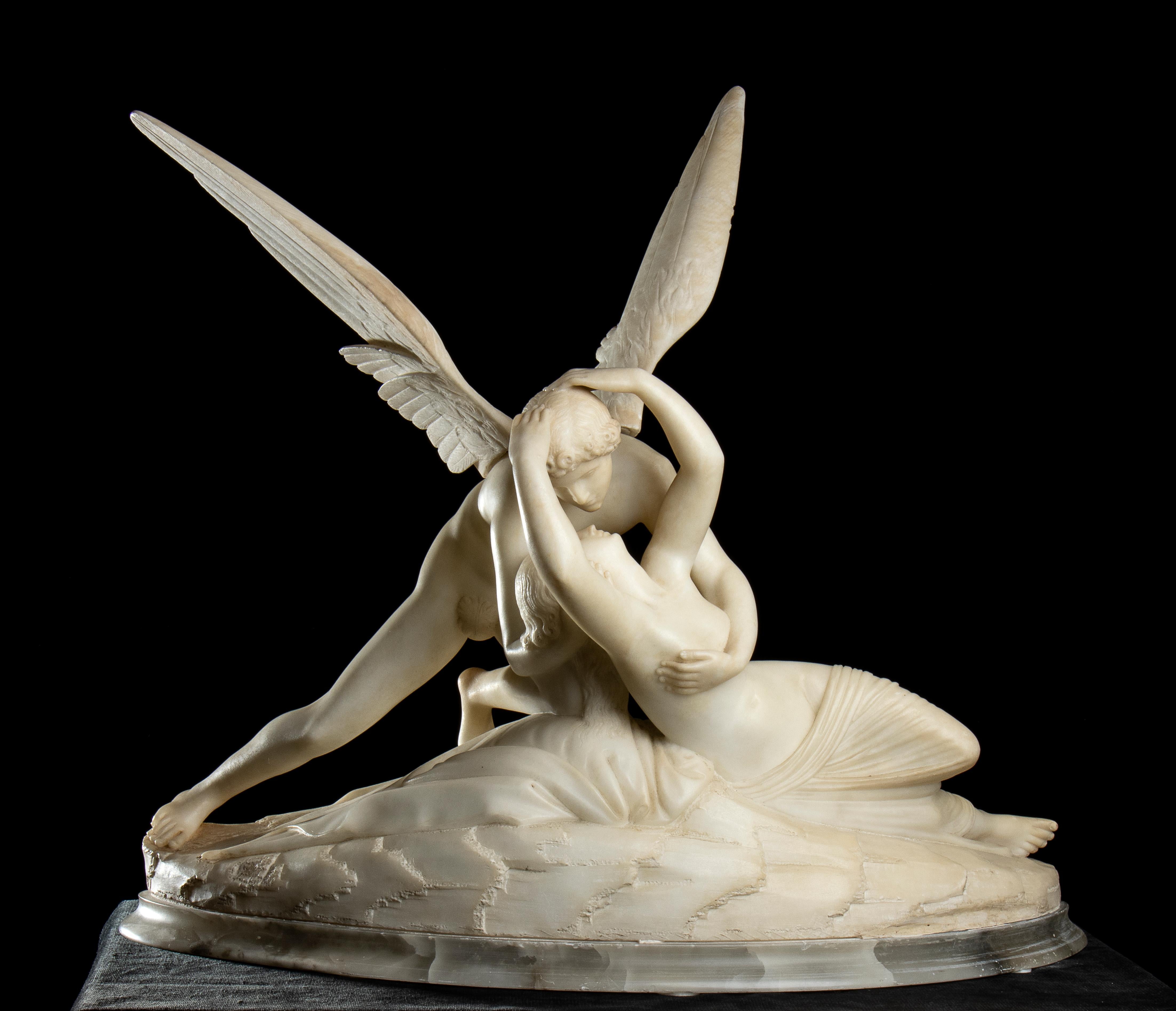 Italian Grand Tour White Alabaster Sculpture Of Psyche Revived By Cupid