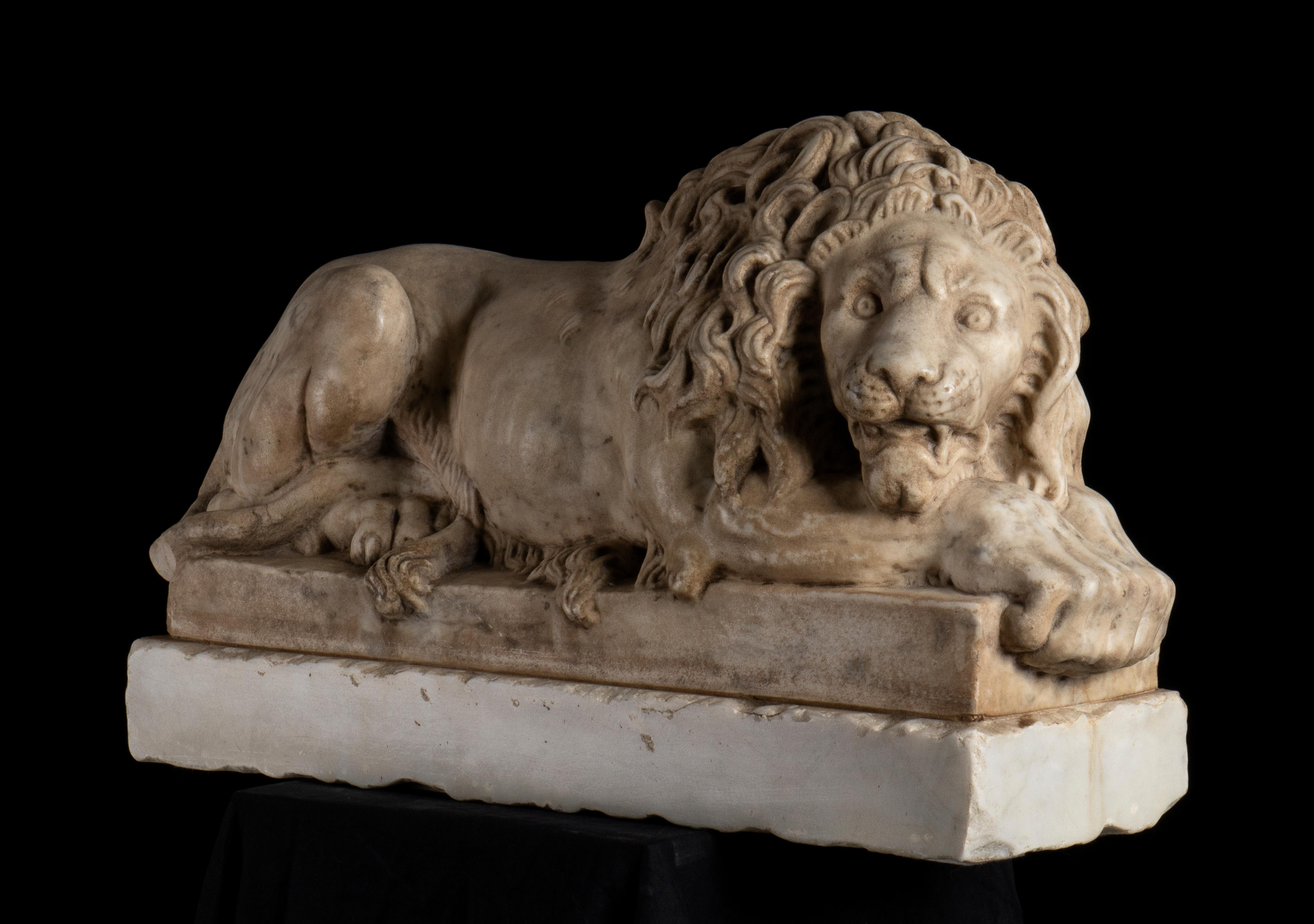 a beautiful pair of the famous lions made by Antonio Canova for the monument of the Pope Clemente XIII, in the San Peter's Basilica in the Vatican City. This sculptures are a scale model of the originals made an Italian sculptor masters of the 19th