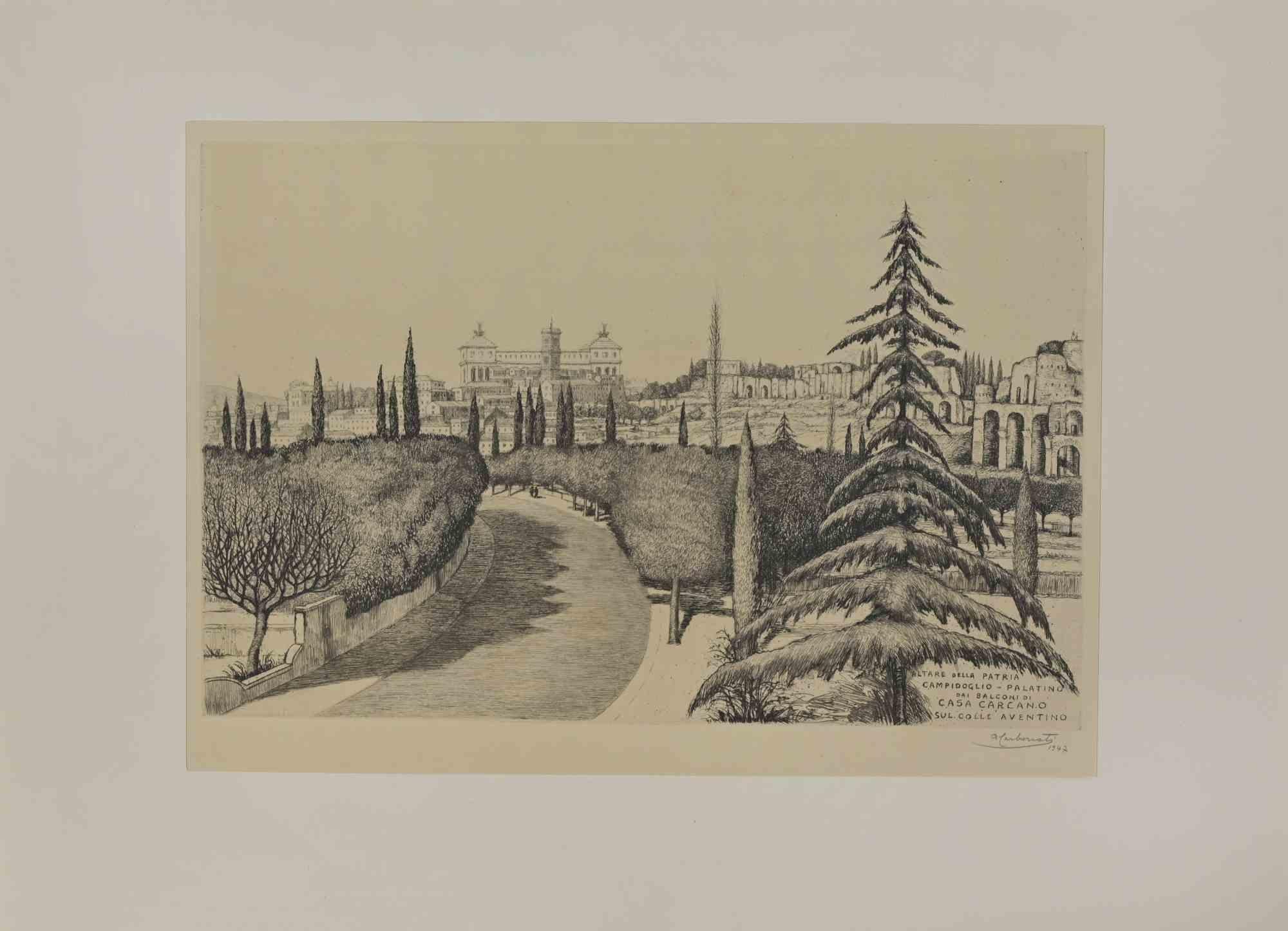 L'Altare della Patria è un'opera d'arte moderna realizzata da Antonio Carbonati nel 1947.

Incisione in bianco e nero

Include il passepartout

Firmato a mano e datato sul margine inferiore

Titolo originale: Altare della Patria Campidoglio -