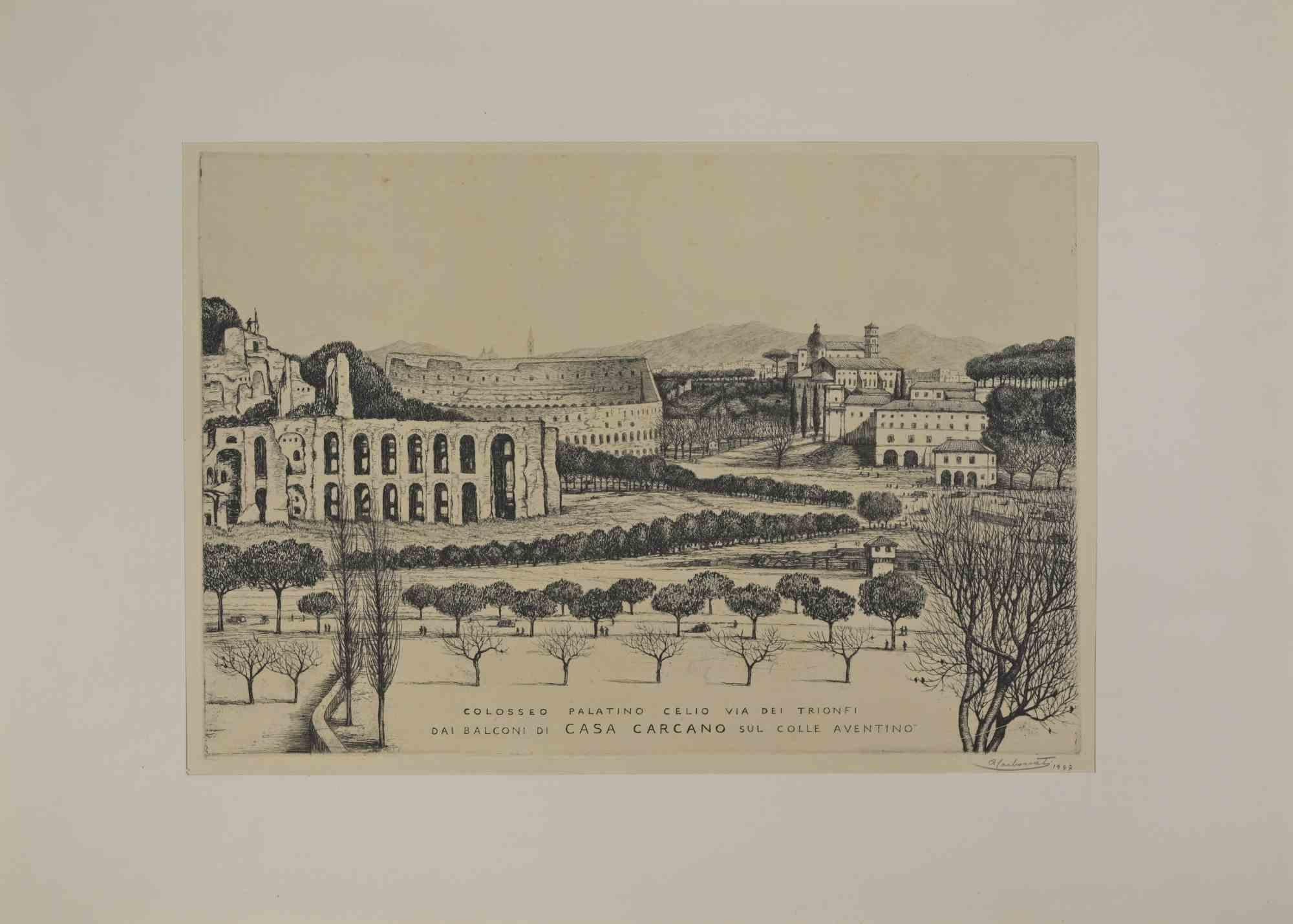 Coliseo es una obra de arte moderno realizada por Antonio Carbonati en 1947.

Grabado en blanco y negro

Incluye passepartout

Firmado a mano y fechado en el margen inferior

Título original: Colosseo Palatino Celio Via dei Trionfi dai balconi di