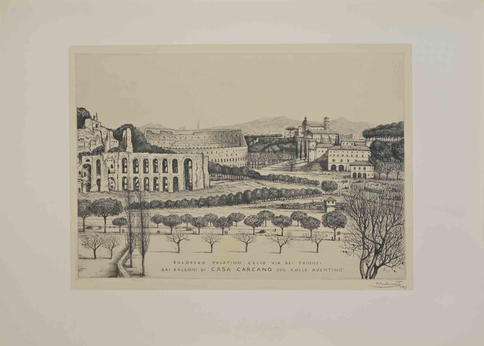 Colosseum is a modern artwork realized by Antonio Carbonati in 1947.

Black and white etching

Includes passepartout

Hand signed and dated on the lower margin

Original title: Colosseo Palatino Celio Via dei Trionfi dai balconi di casa Carcano sul