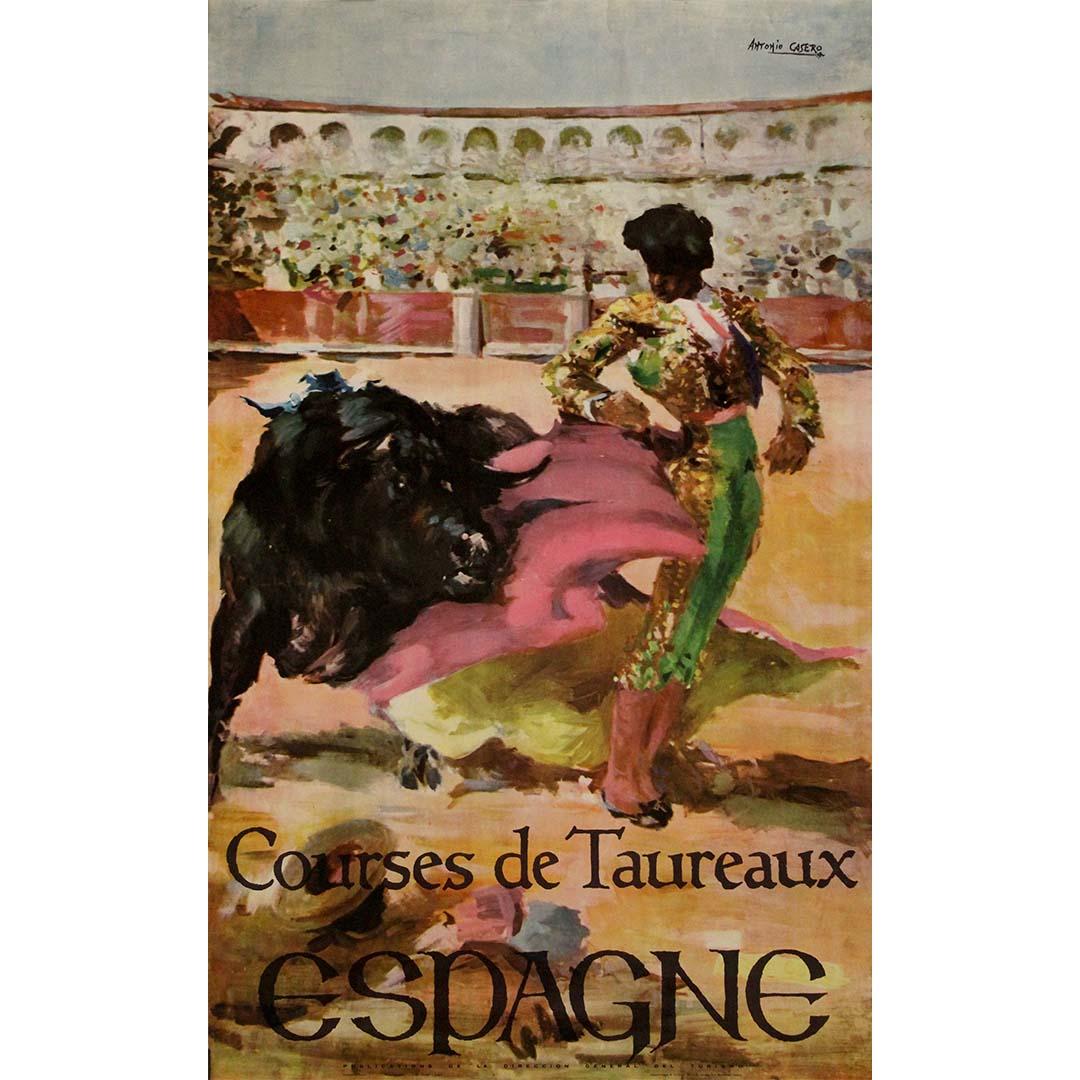The circa 1960 original travel poster Courses de Taureaux – Espagne by Antonio Casero is a striking representation of Spanish bullfighting culture. Designed to promote tourism in Spain, this poster was commissioned by the Spanish National Tourism