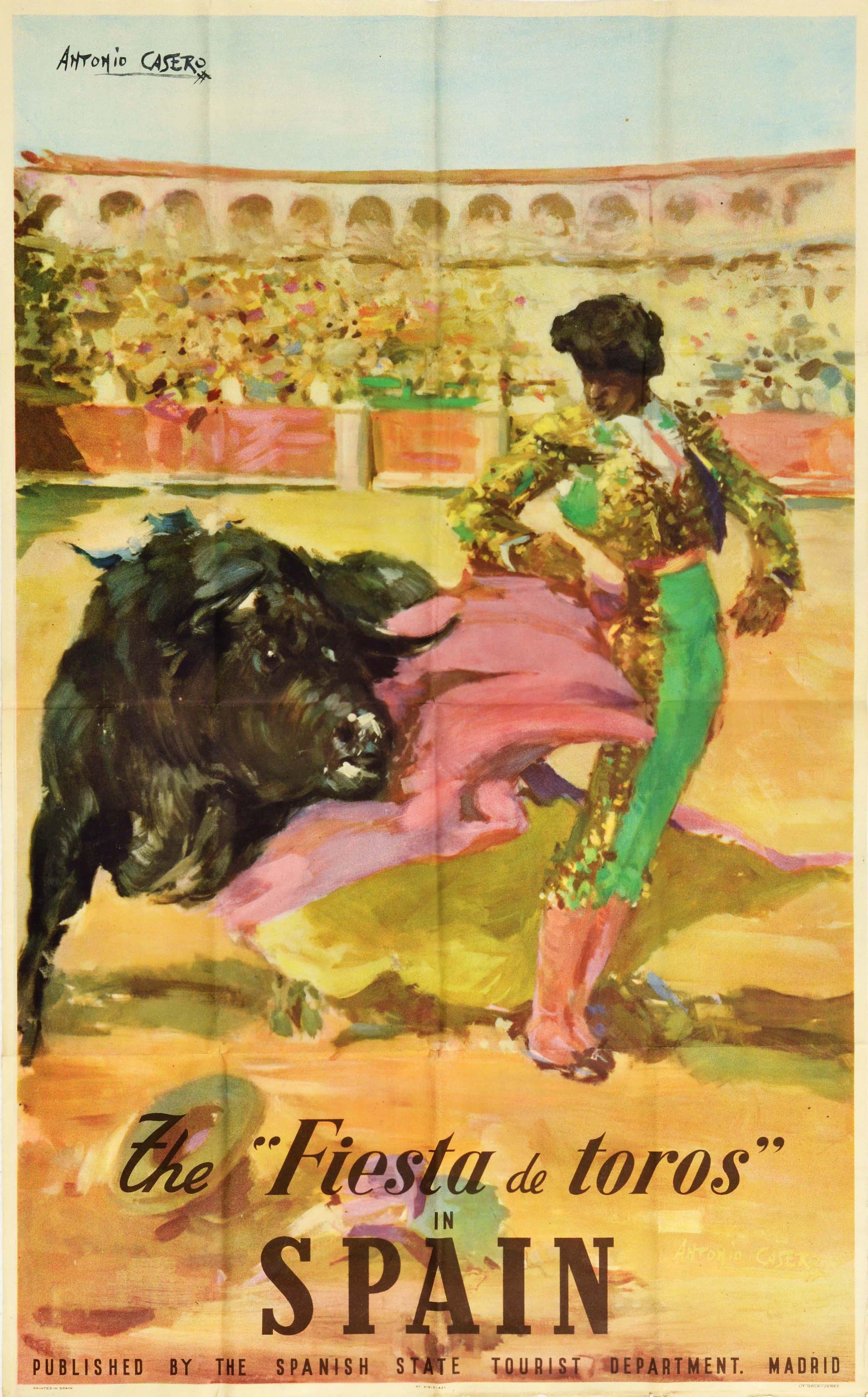 Antonio Casero Print - Original Vintage Poster The Fiesta De Toros Bullfight In Spain Madrid Bullring