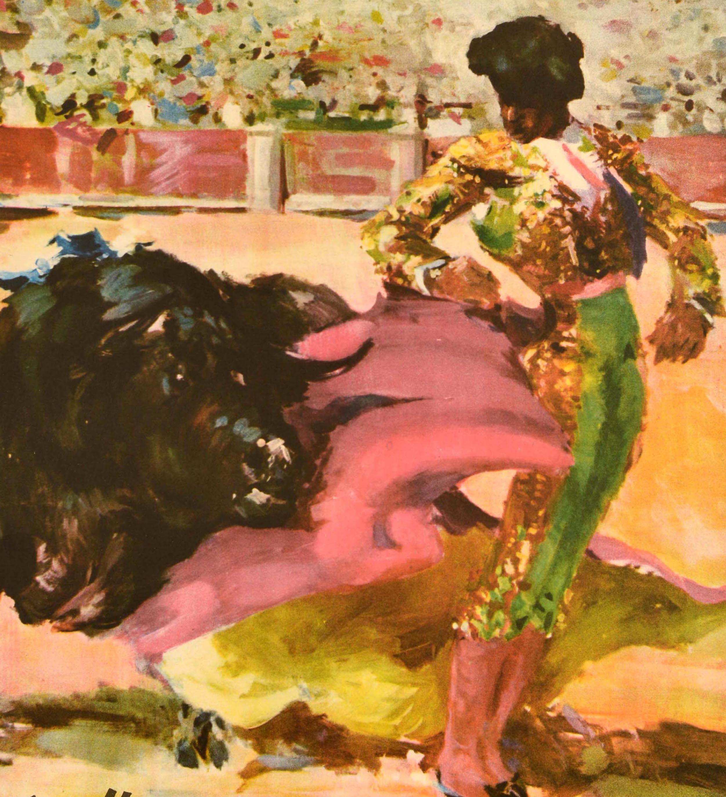 Poster di viaggio originale d'epoca La Fiesta De Toros in Spagna Antonio Casero Bull in vendita 1