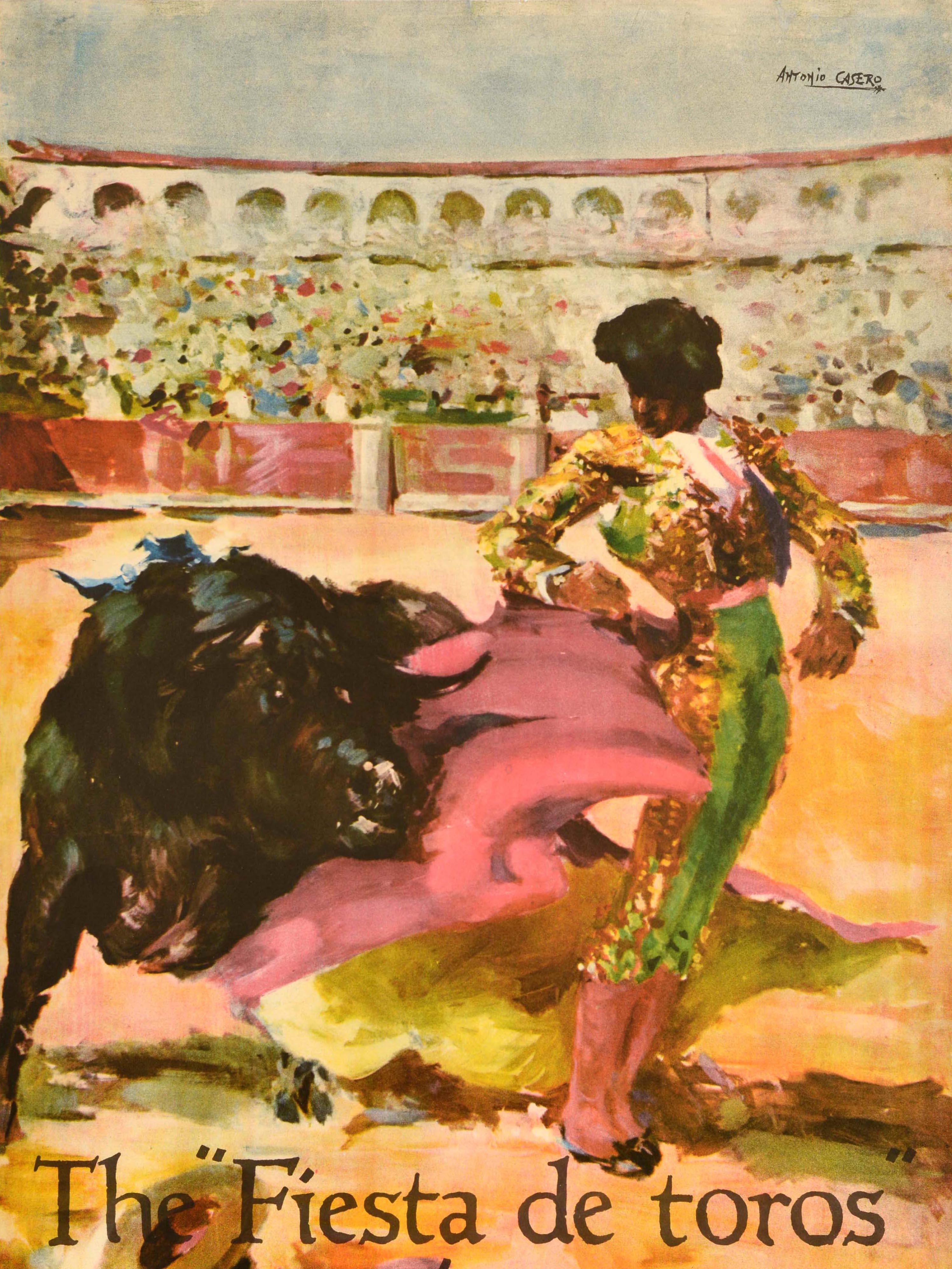 Poster di viaggio originale d'epoca La Fiesta De Toros in Spagna Antonio Casero Bull in vendita 2
