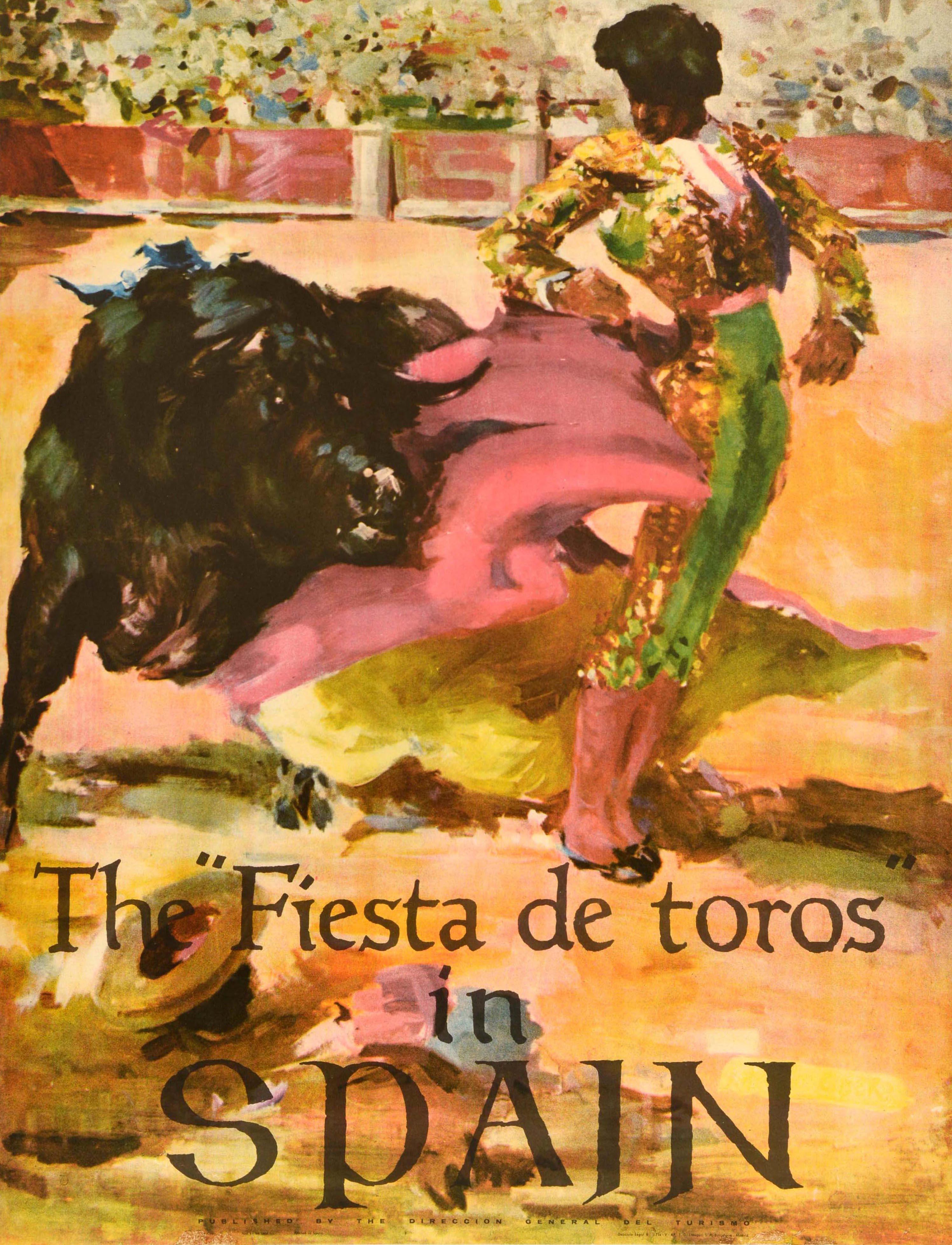 Poster di viaggio originale d'epoca La Fiesta De Toros in Spagna Antonio Casero Bull in vendita 3