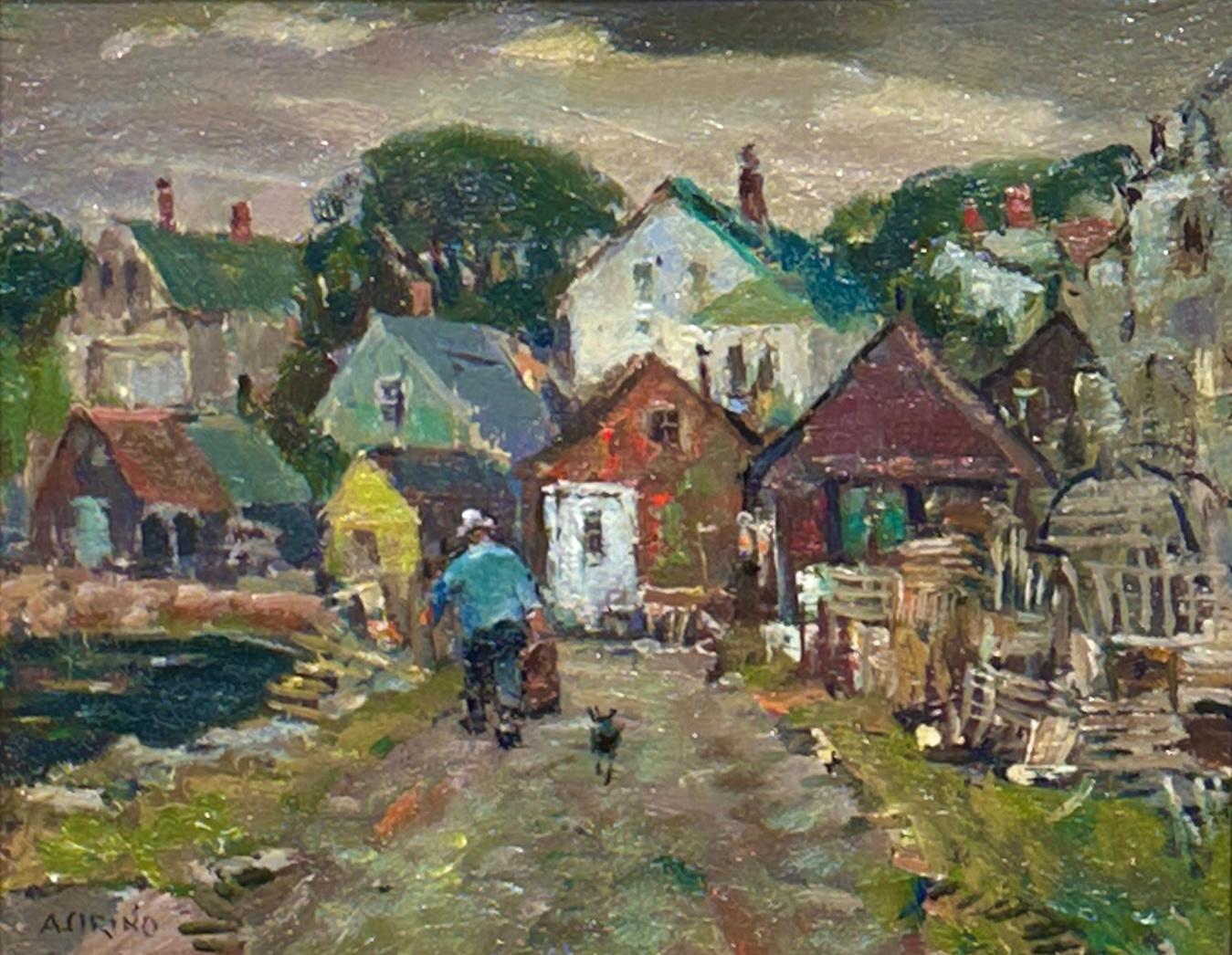 This oil painting titled Lobstermen’s Cove is by American Impressionist Antonio Cirino (1888–1983), an important figure associated with the Cape Ann art colony. The composition depicts a quiet working cove with lobster boats resting near shore,