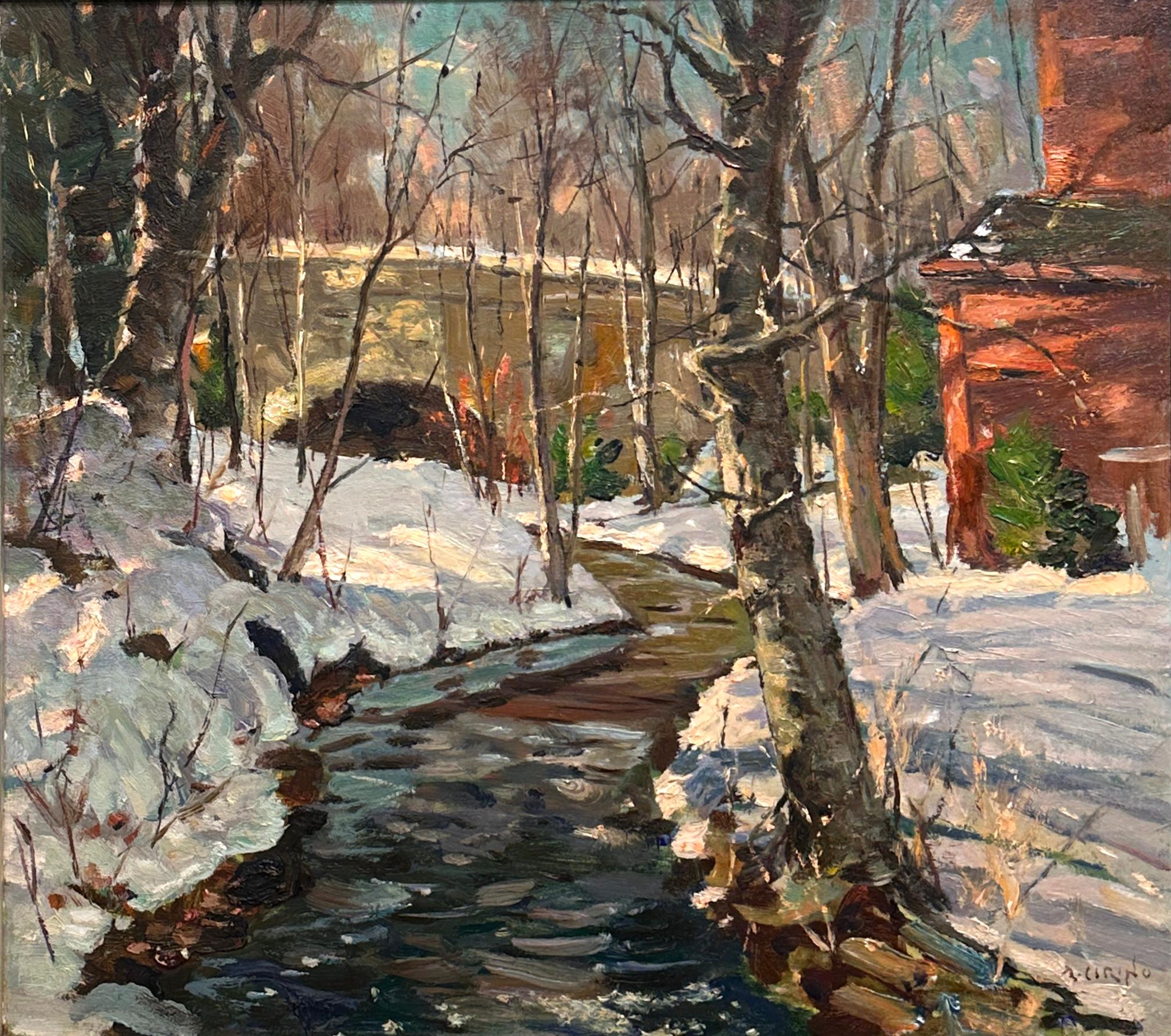 Tamaño del cuadro sin marco 18 "x20"
Tamaño del cuadro con marco: 24 "x26".

El Viejo Puente de Piedra, un paisaje invernal bellamente representado por Antonio Cirino (1889-1983), capta un apacible arroyo cubierto de nieve que serpentea bajo un