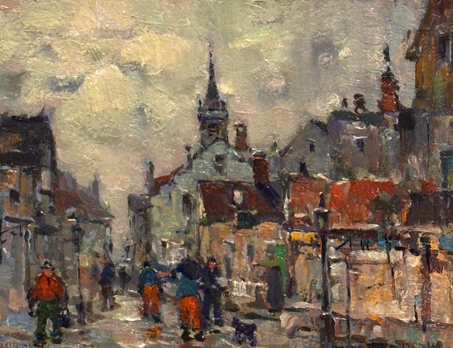 Painting size without frame: 8"x10"
Painting size with frame: 15"x16"

This expressive oil painting by Antonio Cirino (1889–1983) captures the quiet energy of a street scene under an overcast sky. The softened light gives the composition a moody