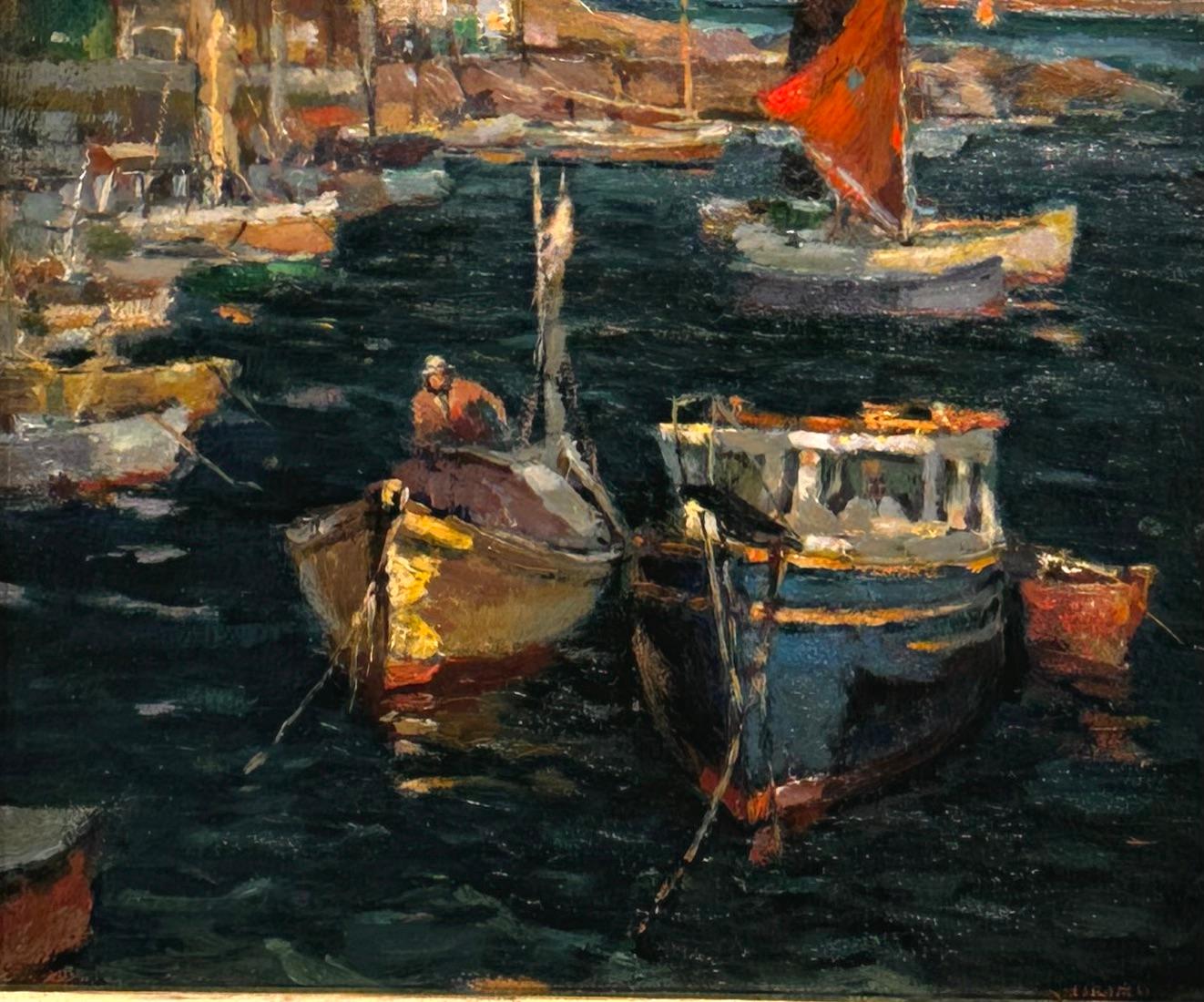 Antonio Cirino Landscape Painting - "Last Ray of Sun", Seascape, Fishing Boats, Cape Ann Cove, Colorful Oil Painting
